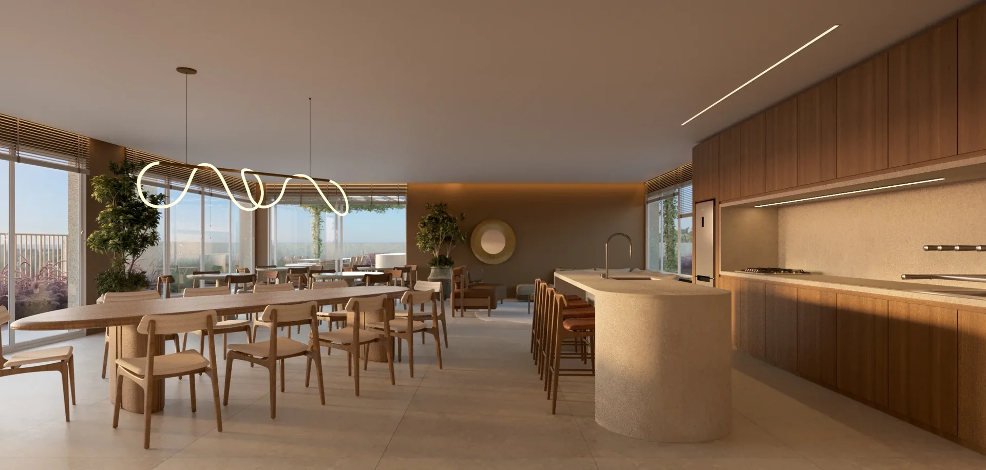 Render do espaço gourmet do Serena by Breton, com mesa comunitária longa de madeira, ilha de apoio, cozinha em painéis de madeira e grandes janelas