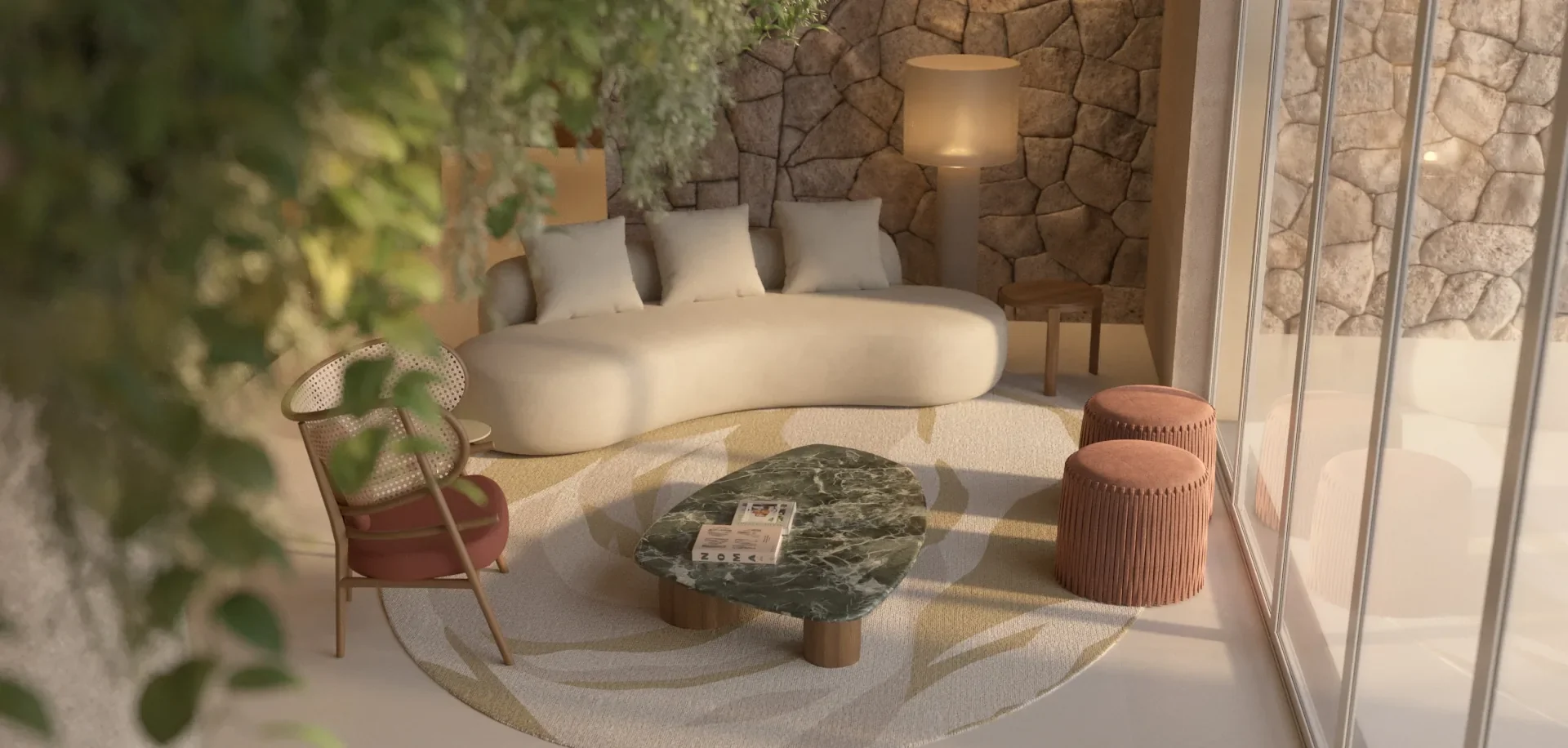 Render do hall de entrada do Serena by Breton, com parede de pedra, vegetação e sofá curvo claro junto a painéis de vidro