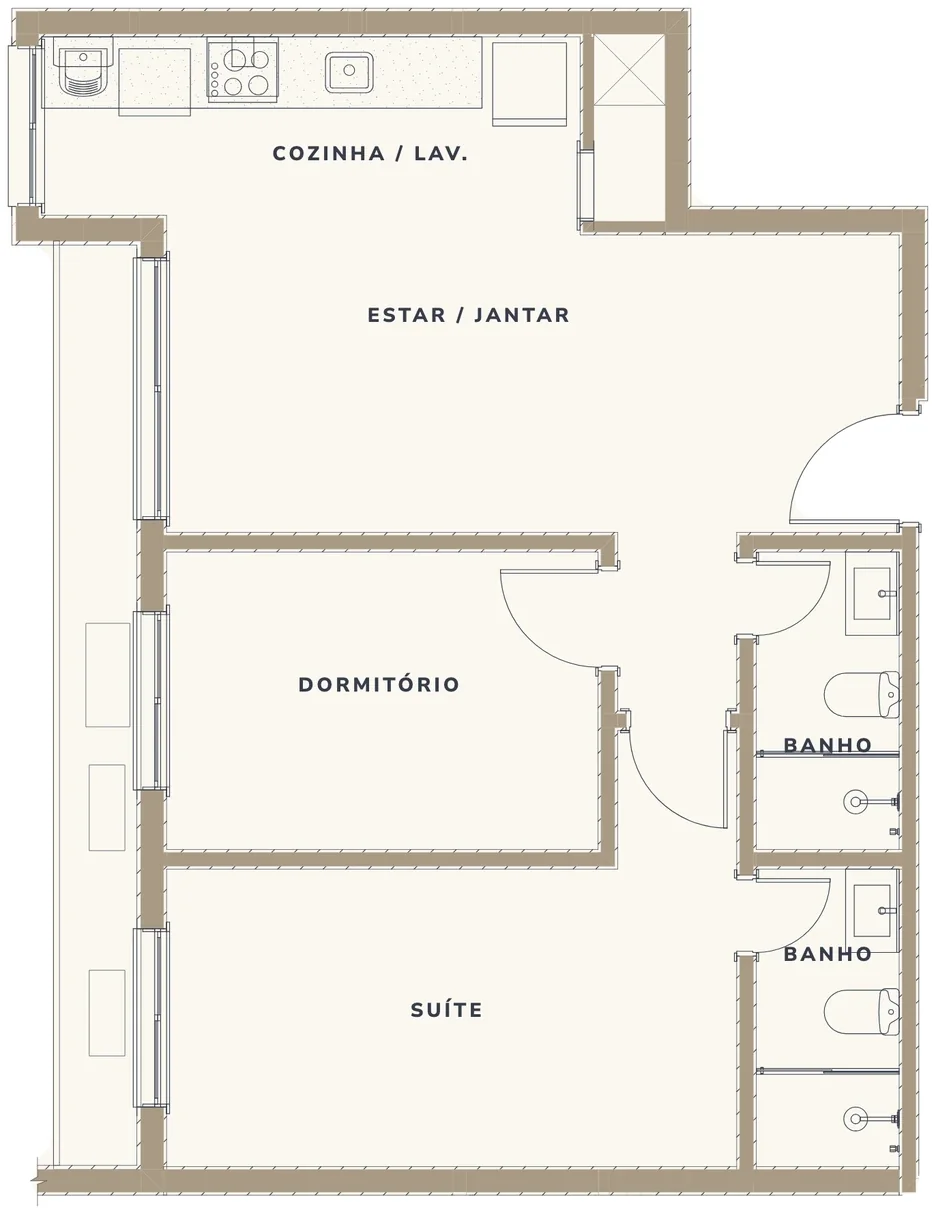 Planta do apartamento de 2 dormitórios com 62 m² privativos do Serena by Breton, com suíte, dormitório, banheiro social e estar e jantar integrado à cozinha com lavanderia