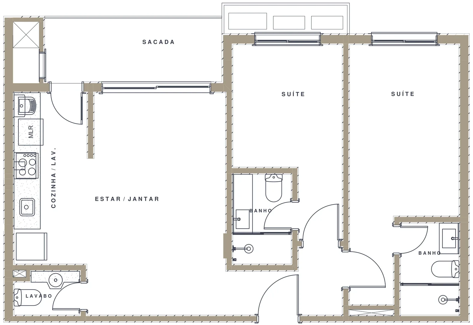 Planta do apartamento de 2 suítes com 70 m² privativos do Serena by Breton, com sacada, lavabo e cozinha com lavanderia