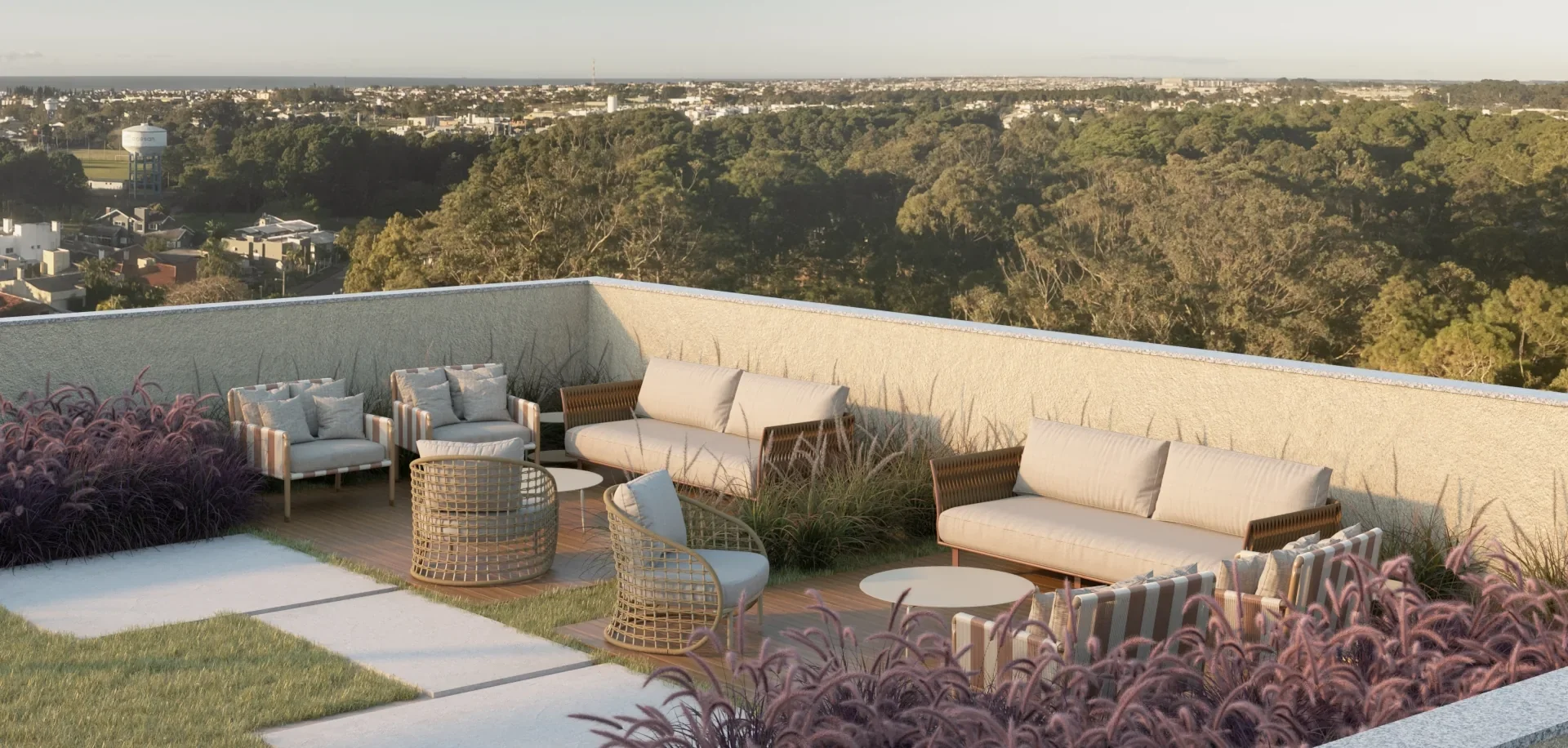 Render do estar do rooftop do Serena by Breton, com sofás e poltronas de fibra entre jardineiras