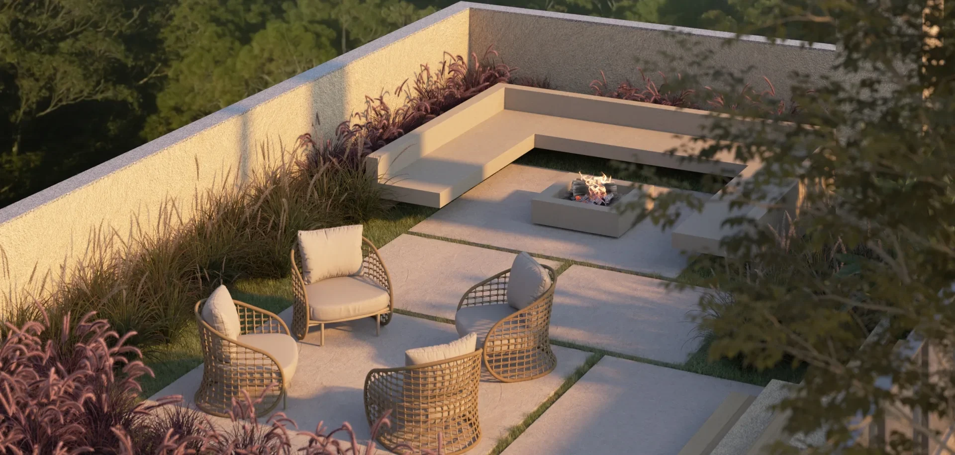 Render do estar com fire pit no rooftop do Serena by Breton, com bancos, poltronas de fibra e jardineiras com capim ornamental ao entardecer