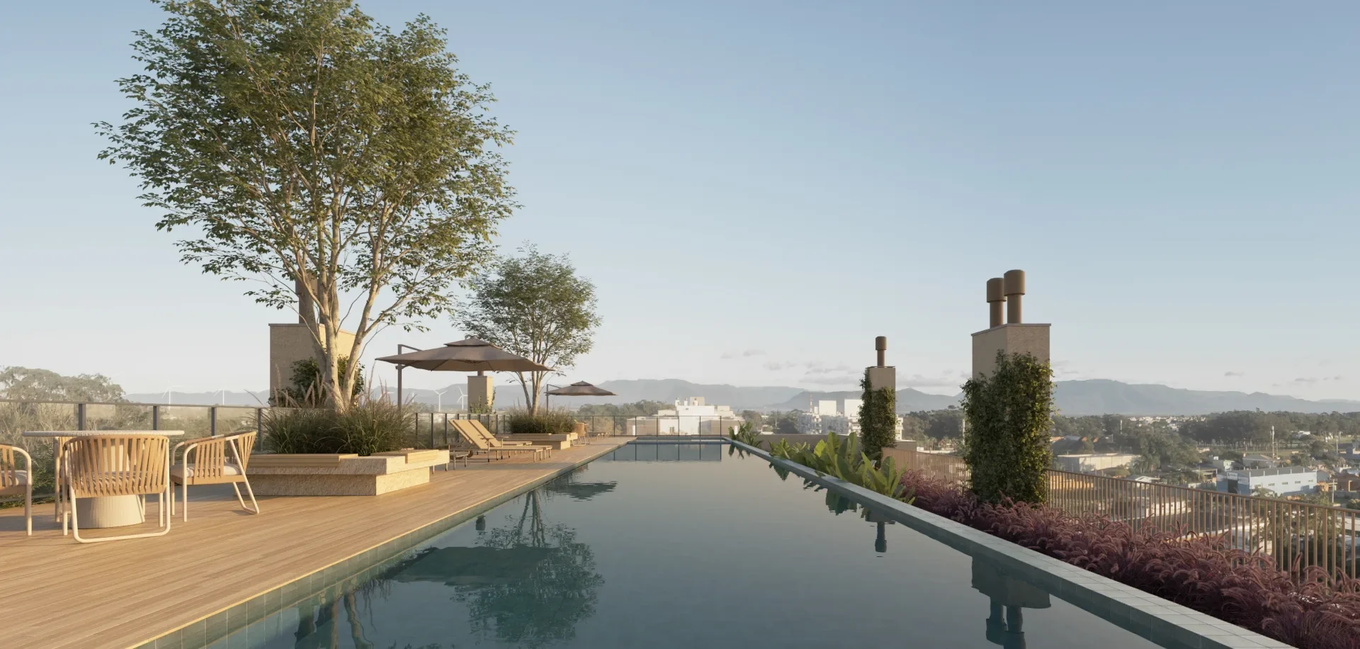 Render da piscina alongada no rooftop do Serena by Breton, com deck de madeira, cadeiras, guarda-sóis, árvores em jardineiras