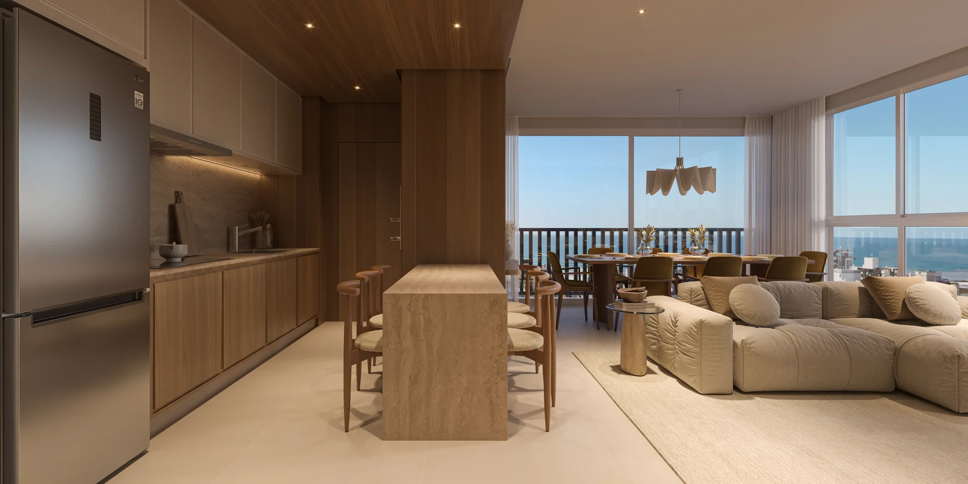 Cozinha do apartamento tipo do Soul Residence, com bancada iluminada (render ilustrativo)