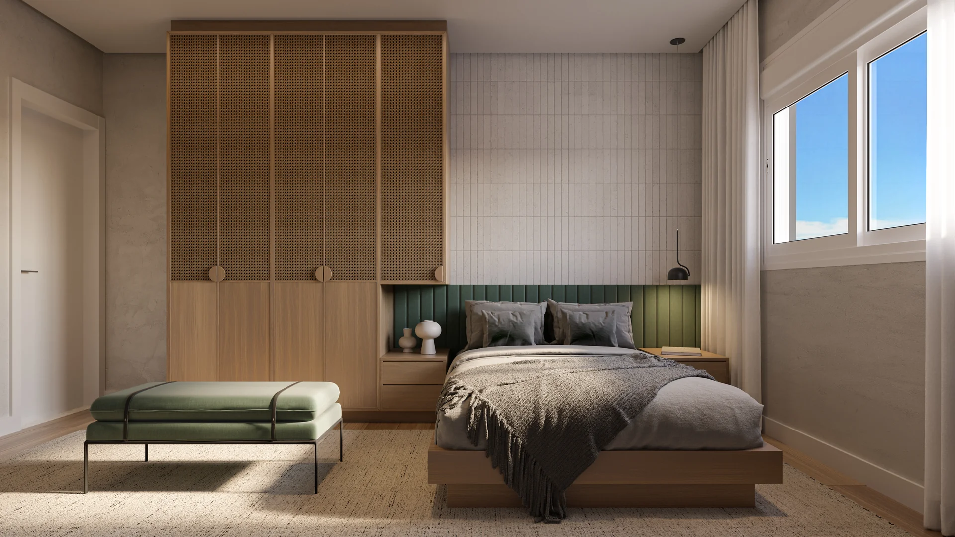 Suíte master do apartamento tipo do Soul Residence, com cabeceira estofada e marcenaria (render ilustrativo)