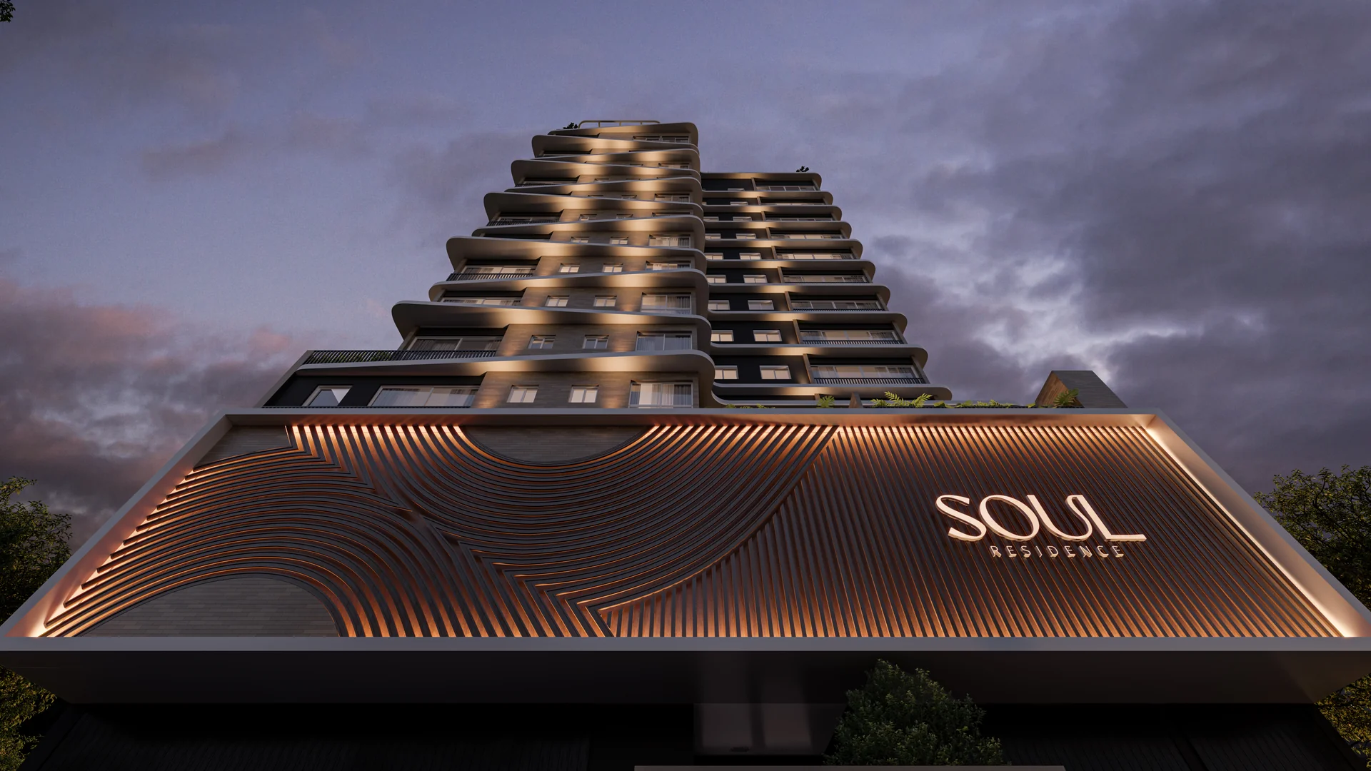 Embasamento do Soul Residence com painel ripado e letreiro iluminado, na Rua Taquari, Zona Nova de Capão da Canoa (render ilustrativo)