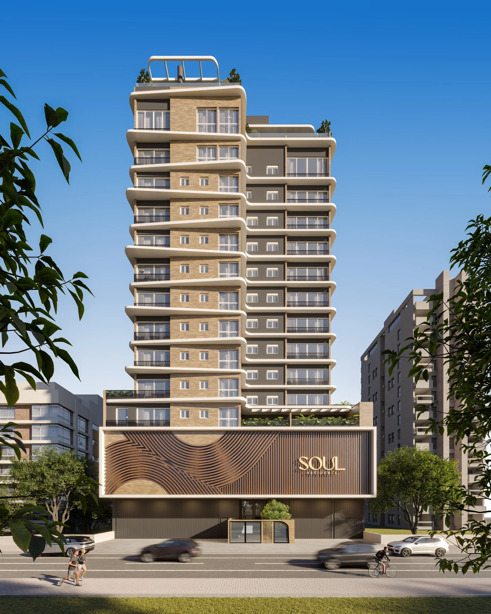 Render ilustrativo da fachada diurna do Soul Residence, torre de 14 pavimentos com ripado em tons de cobre na Zona Nova de Capão da Canoa