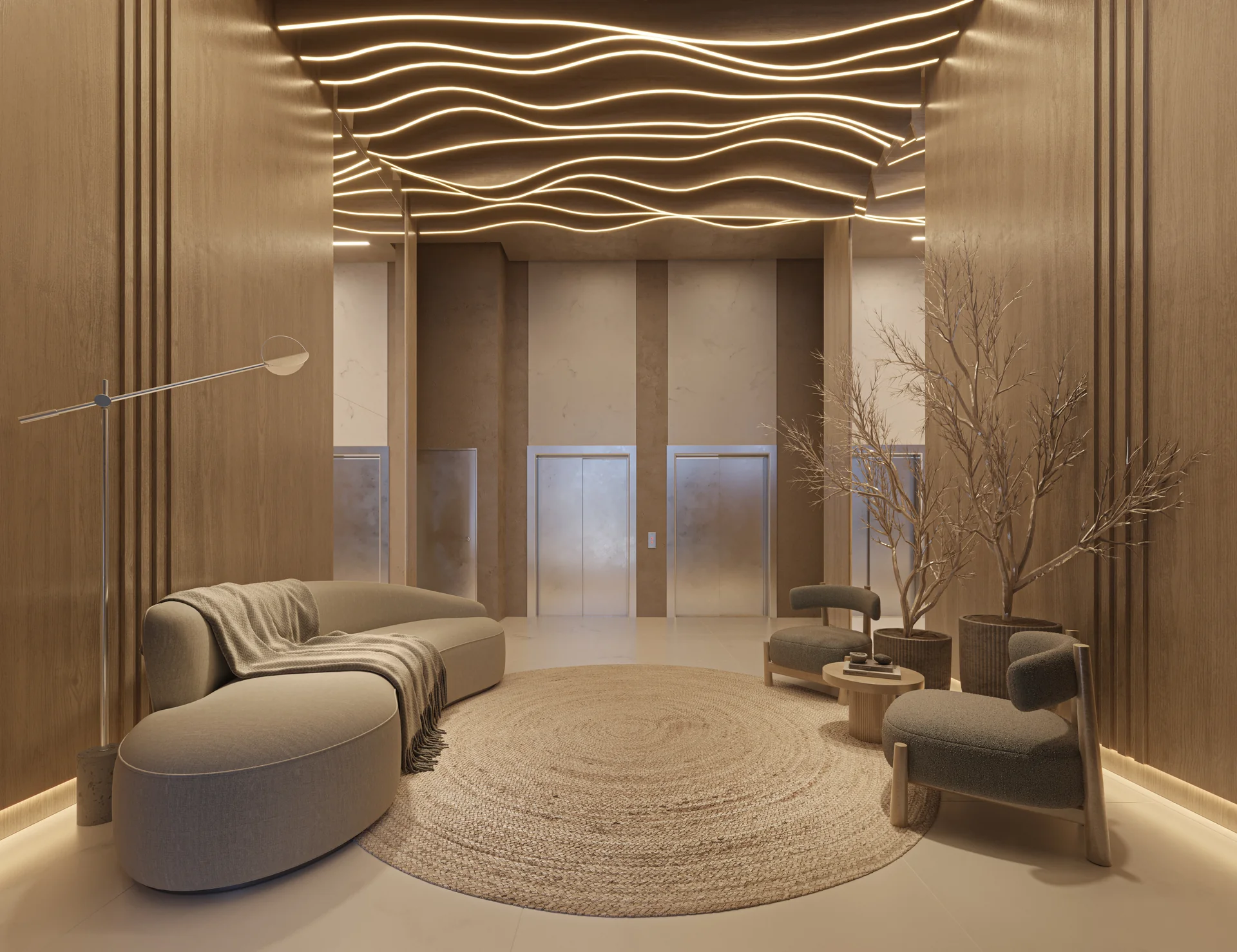 Hall de entrada do Soul Residence, com iluminação em ondas no forro e mobiliário orgânico (render ilustrativo)