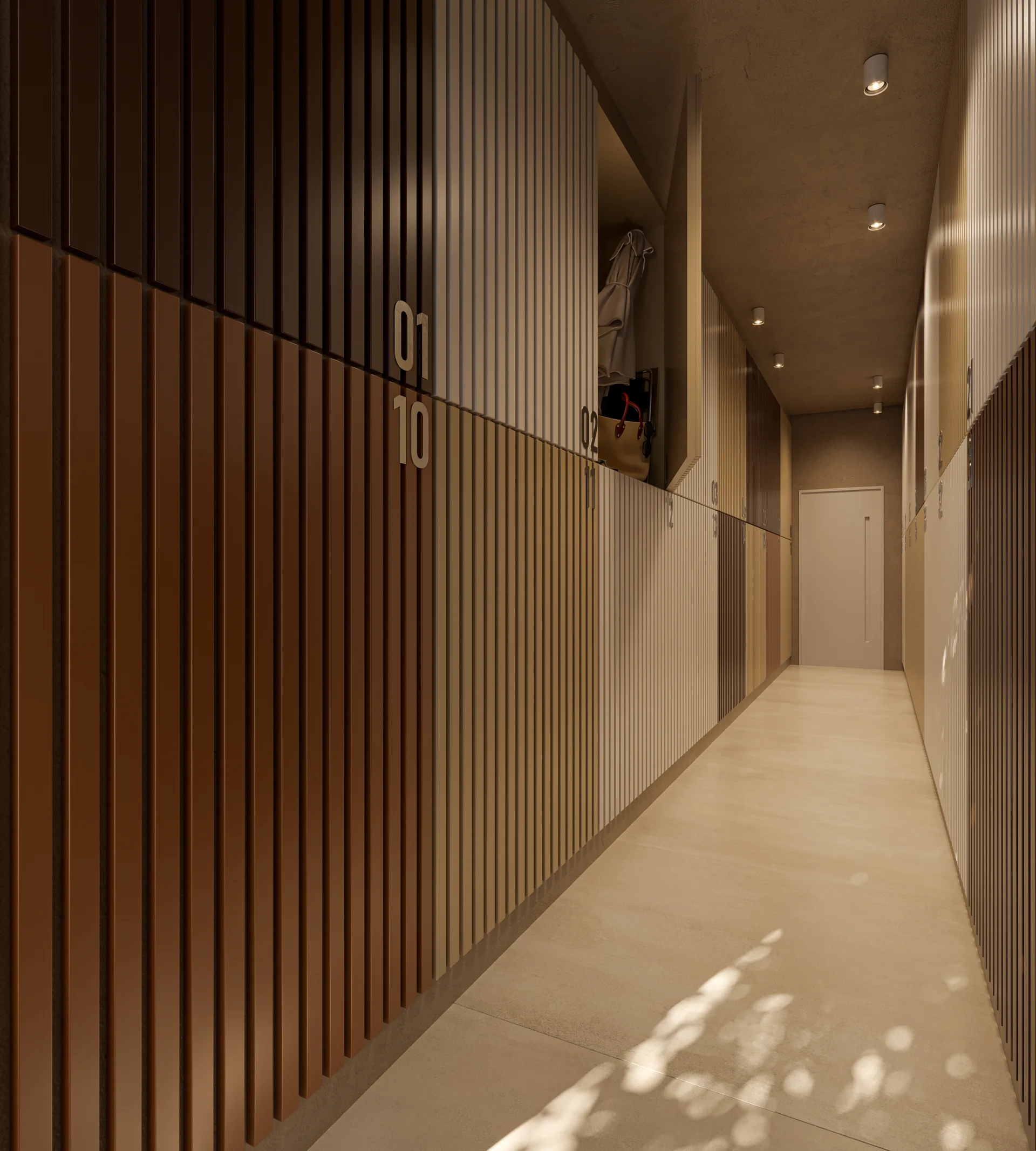Corredor de armários Hobby Box no térreo do Soul Residence, para itens de praia (render ilustrativo)