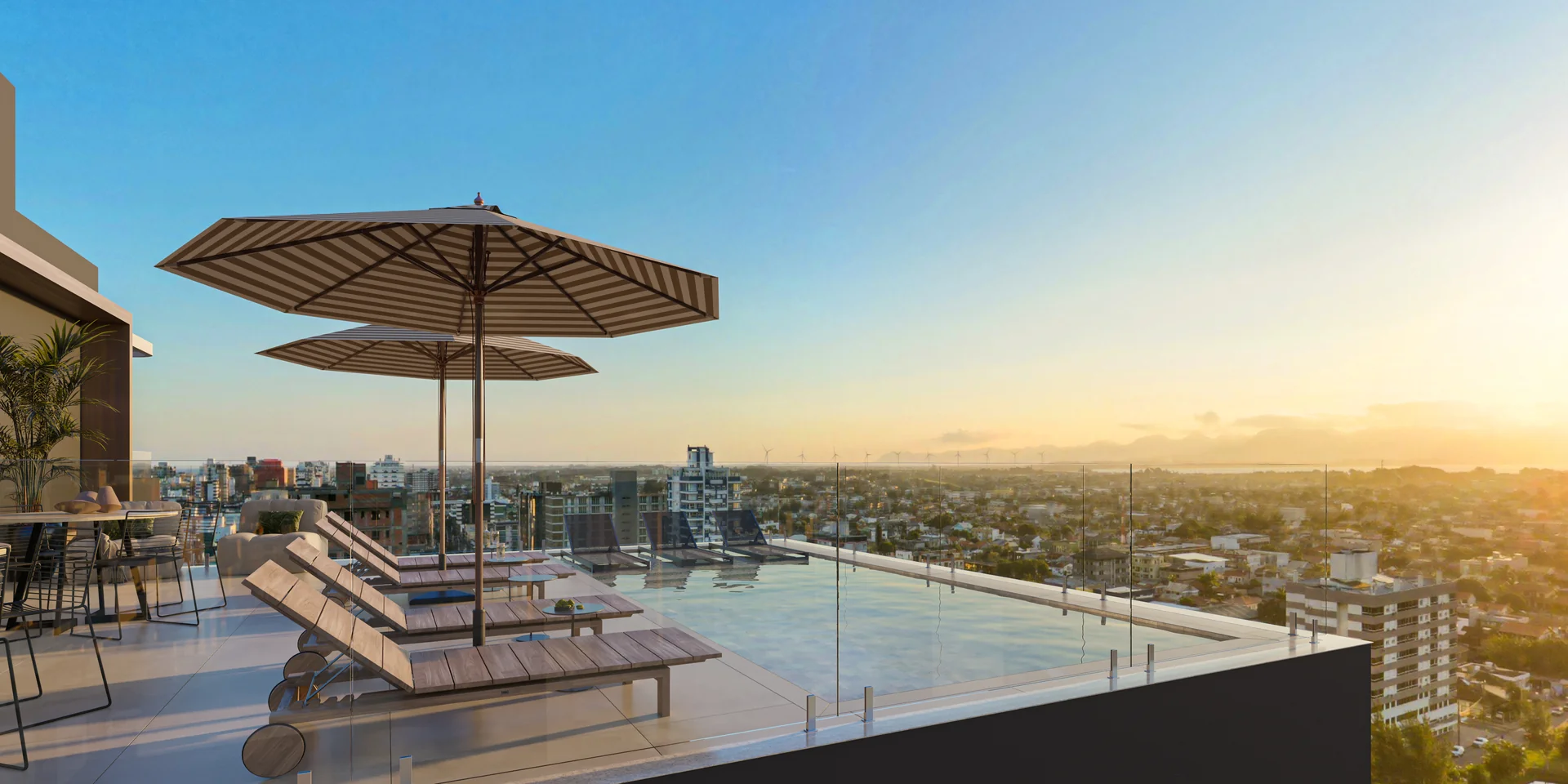 Render ilustrativo da piscina externa com deck no rooftop do Soul Residence, condomínio vertical em obras na Zona Nova de Capão da Canoa