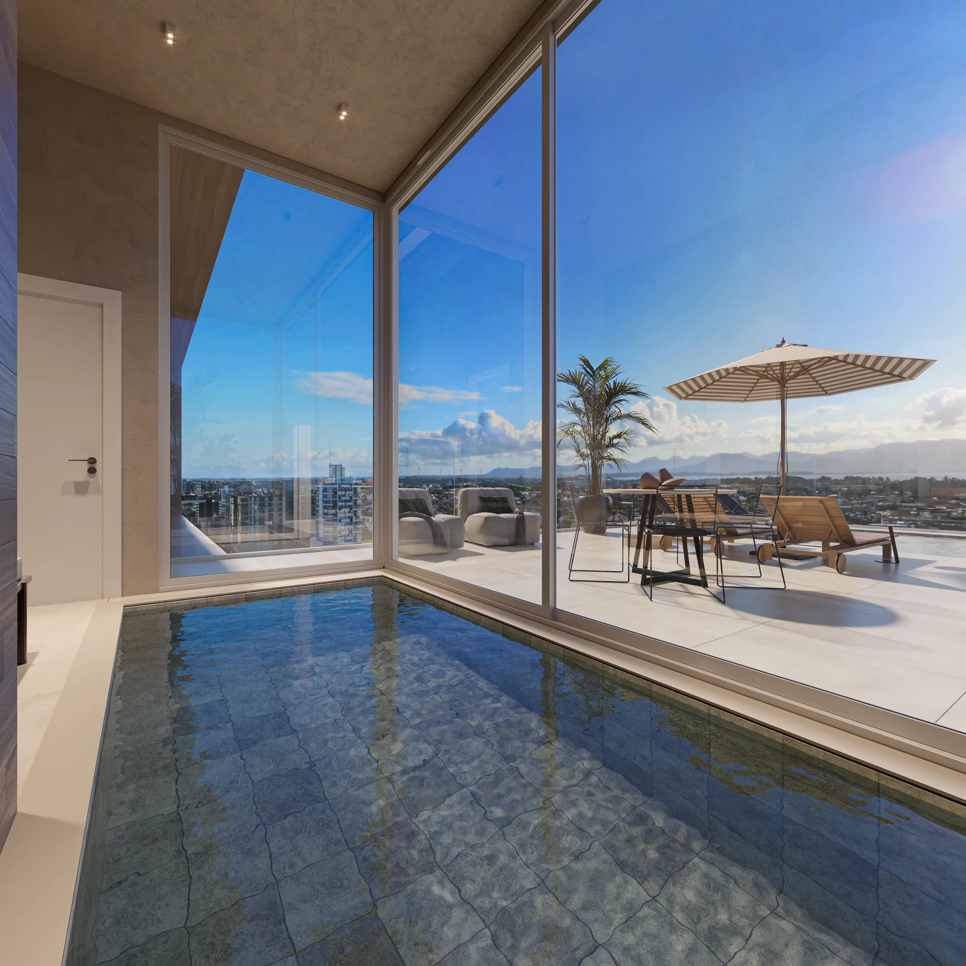Render ilustrativo da piscina interna aquecida no rooftop do Soul Residence em Capão da Canoa
