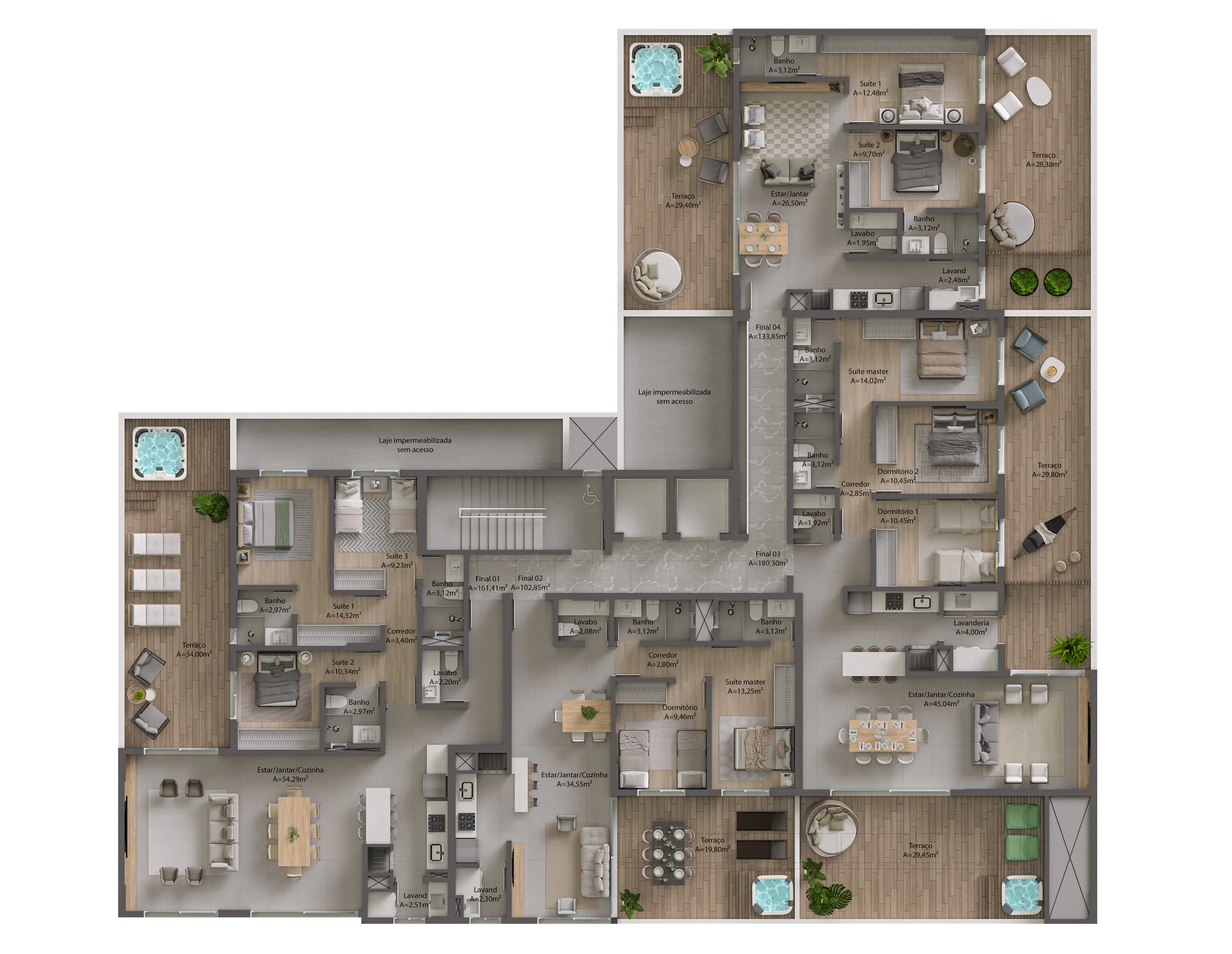 Planta do 4º pavimento garden do Soul Residence, com os apartamentos 401 a 404 e terraços
