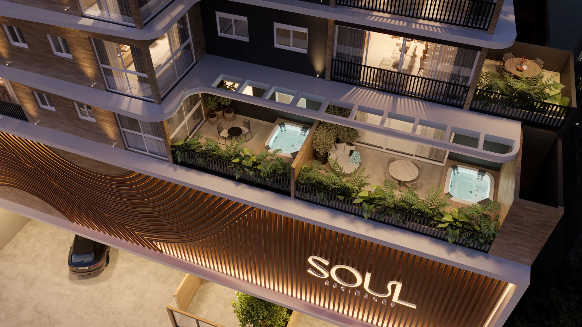 Render ilustrativo do terraço de uma unidade garden do Soul Residence, com área externa privativa em Capão da Canoa