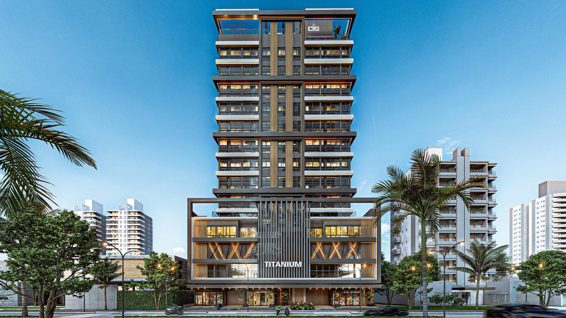 Fachada frontal do Titanium Residence com brises de madeira e curtain wall grafite, torre residencial em Capão da Canoa