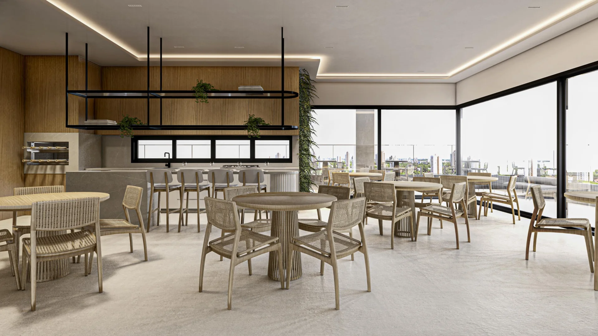 Espaço gourmet decorado do Titanium Residence, área de convívio do condomínio em Capão da Canoa