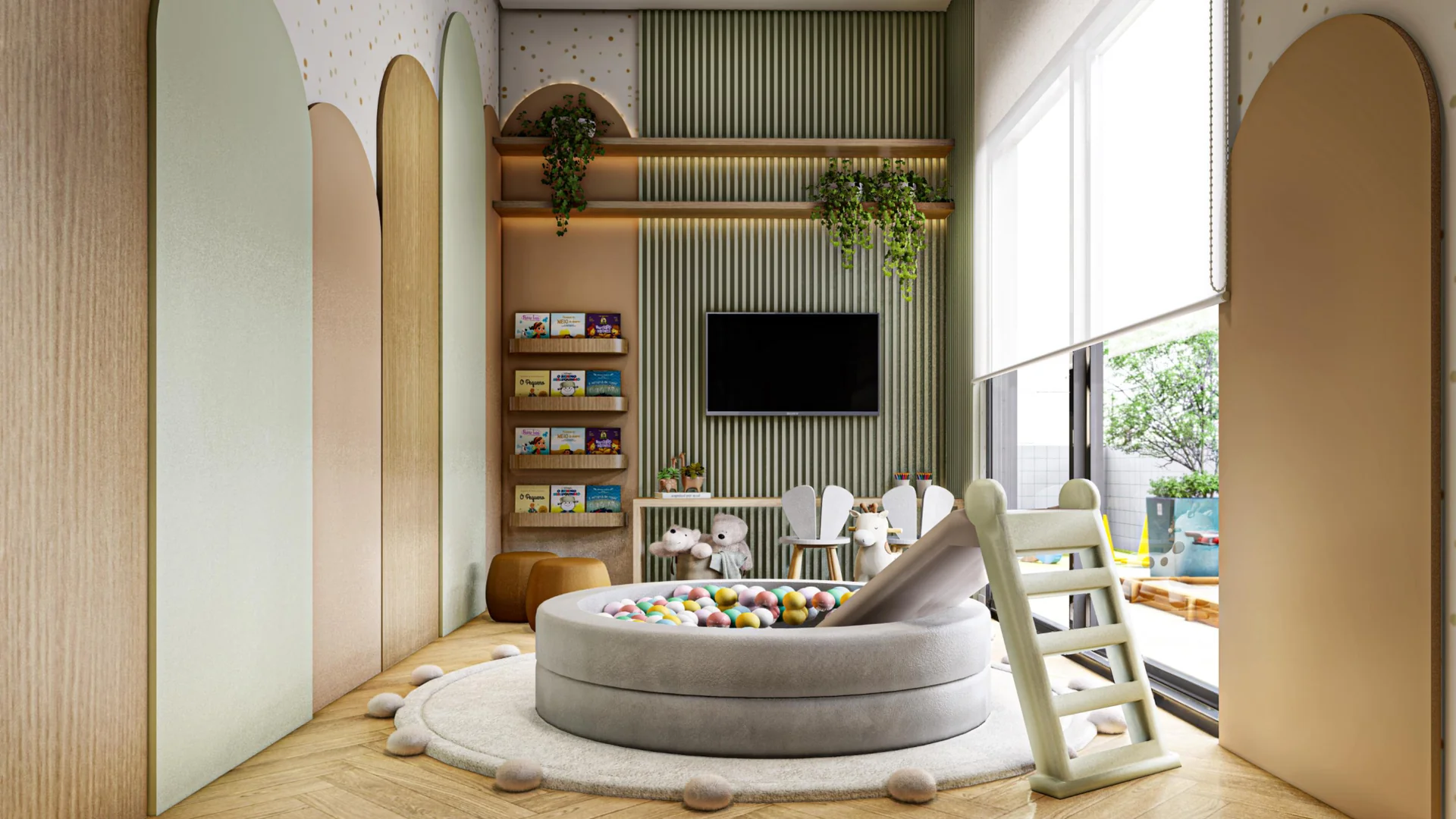 Kids club do Titanium Residence com piscina de bolinhas e estante de livros