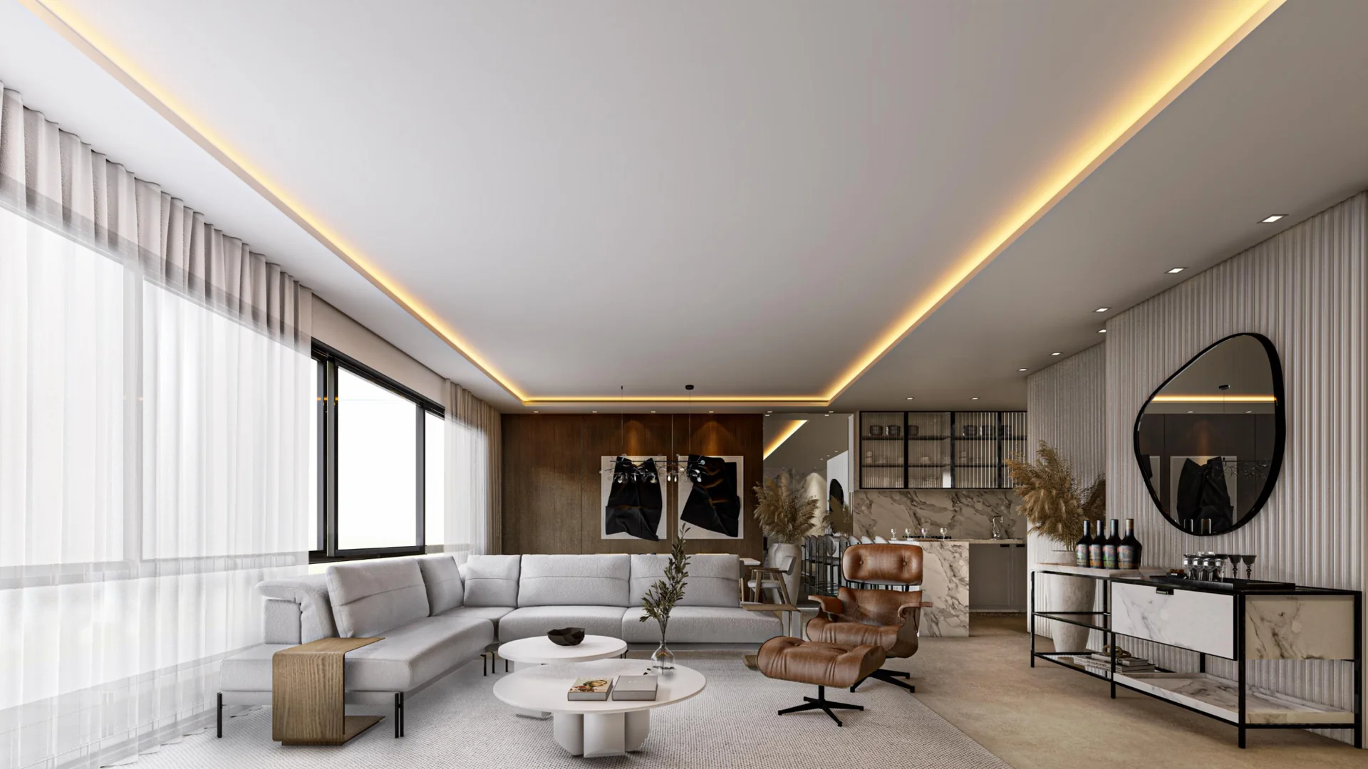 Living integrado de apartamento do Titanium Residence com iluminação indireta dourada