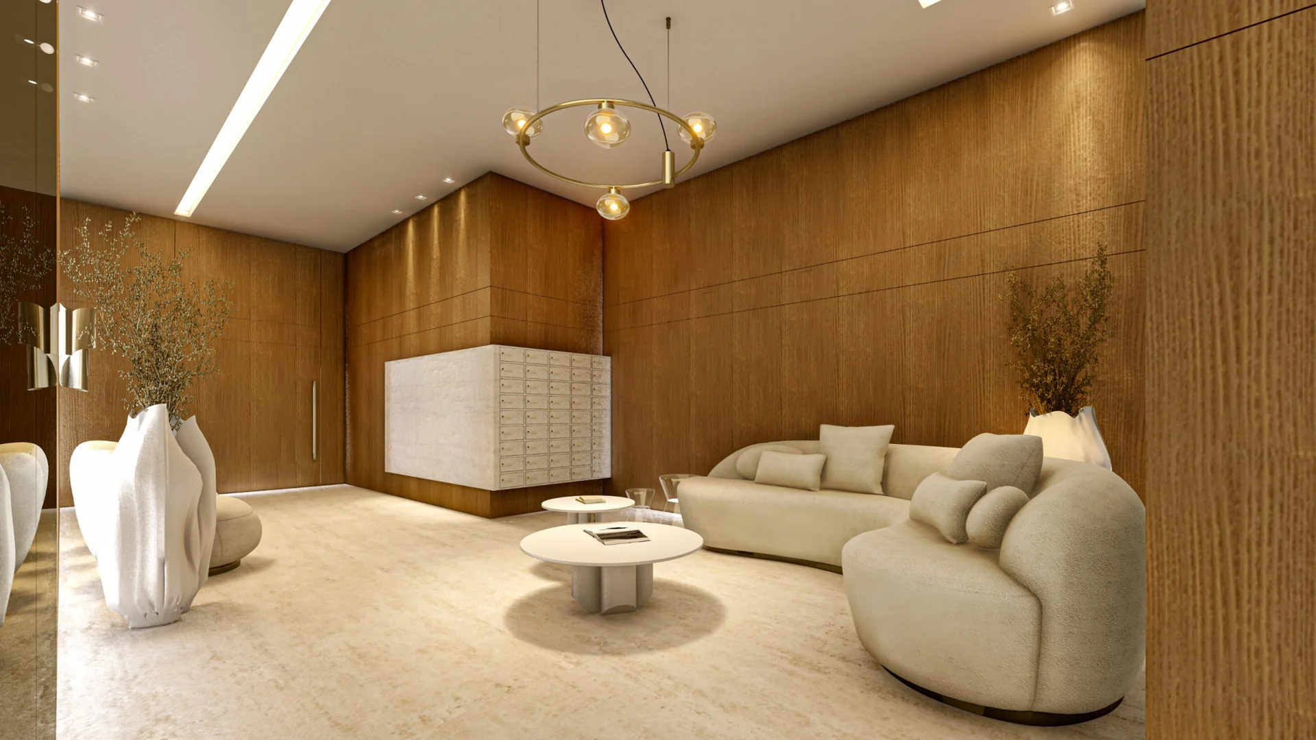 Hall de entrada do Titanium Residence com revestimento em madeira e bancada de correspondência