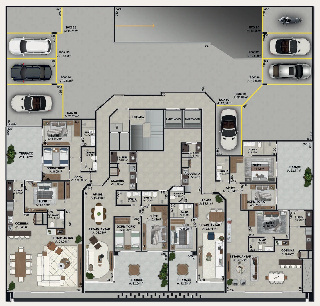 Planta do 4º pavimento do Titanium Residence, com quatro apartamentos e terraços