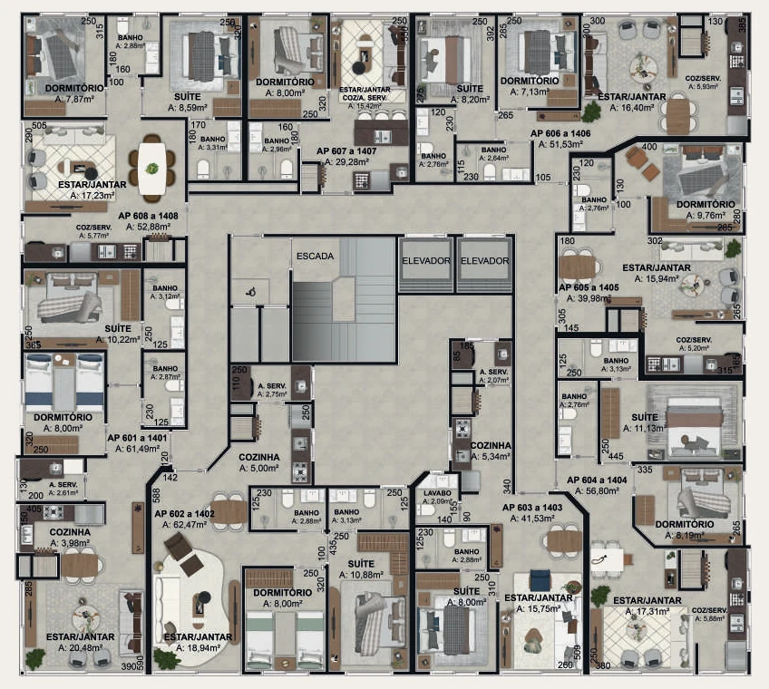 Planta do pavimento-tipo do Titanium Residence com 8 apartamentos por andar, do 6º ao 14º pavimento