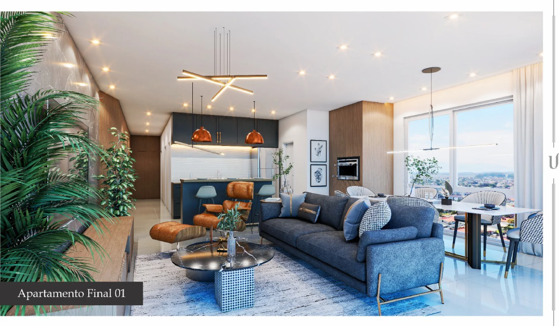 Living integrado de apartamento do Único Residence com cozinha americana