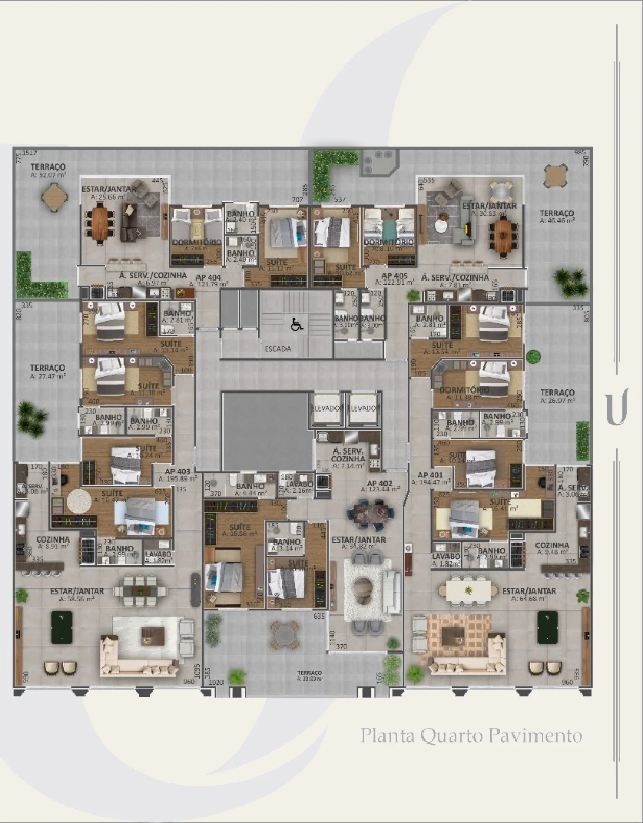 Planta do 4º pavimento do Único Residence, com cinco apartamentos