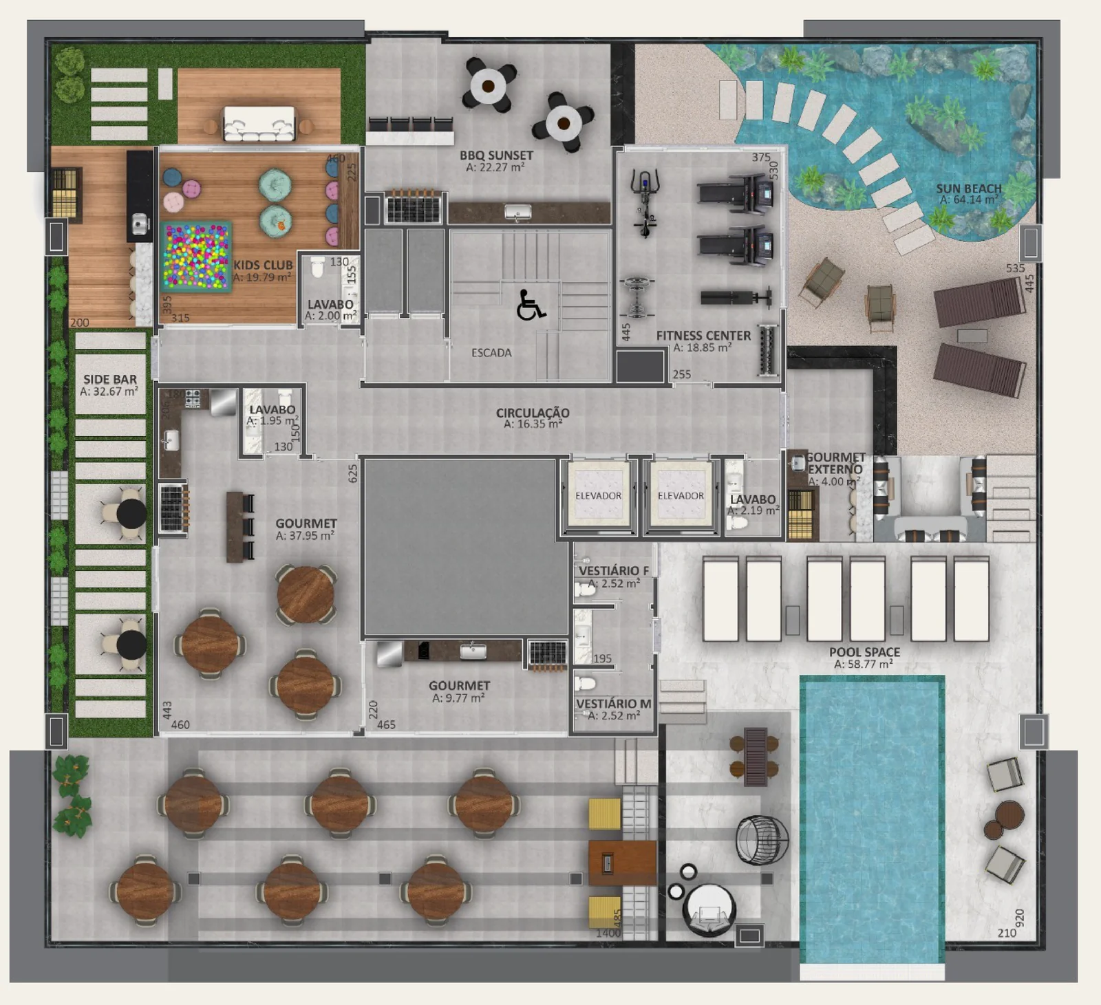 Planta do rooftop de lazer do Único Residence, com piscina de borda infinita, lago com prainha, fitness e salão de festas