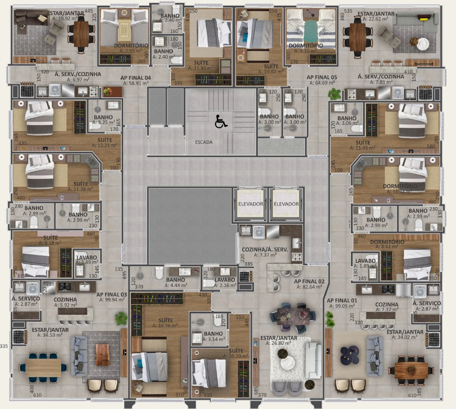 Planta do pavimento-tipo do Único Residence, com cinco apartamentos por andar do 6º ao 14º pavimento