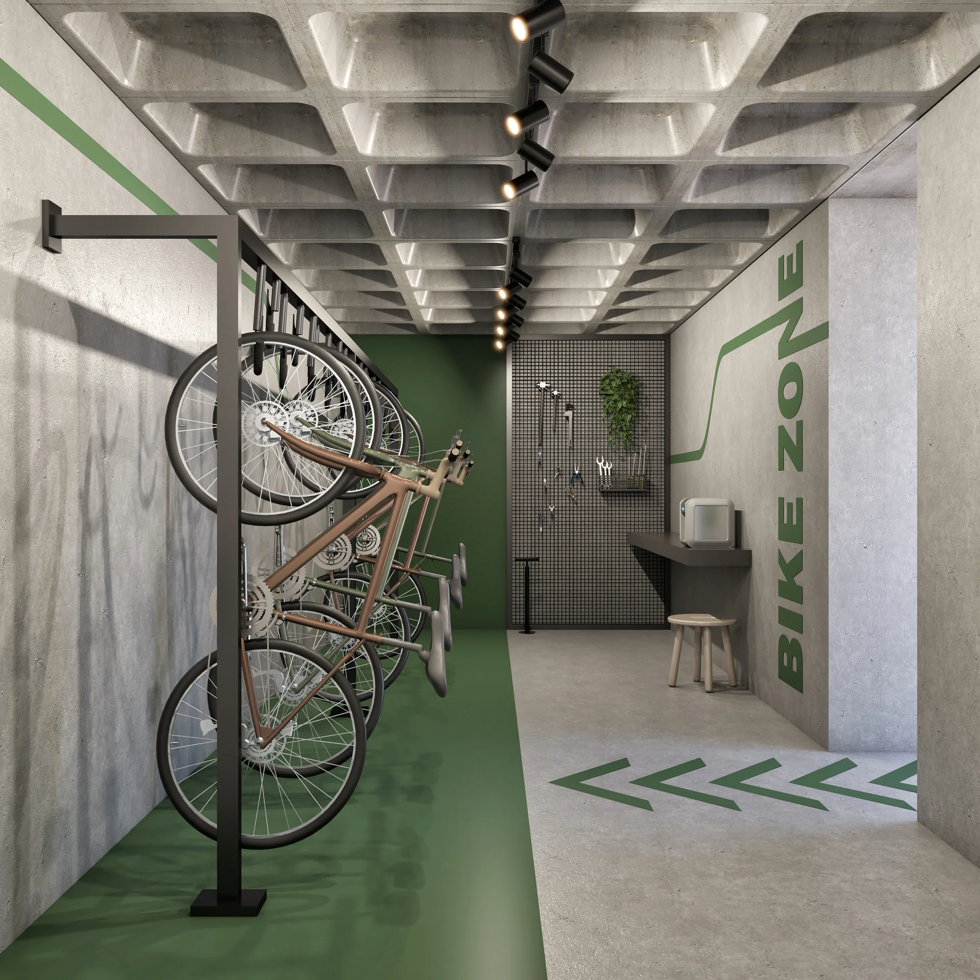 Bicicletário do VID Home & Club, com bancada de manutenção
