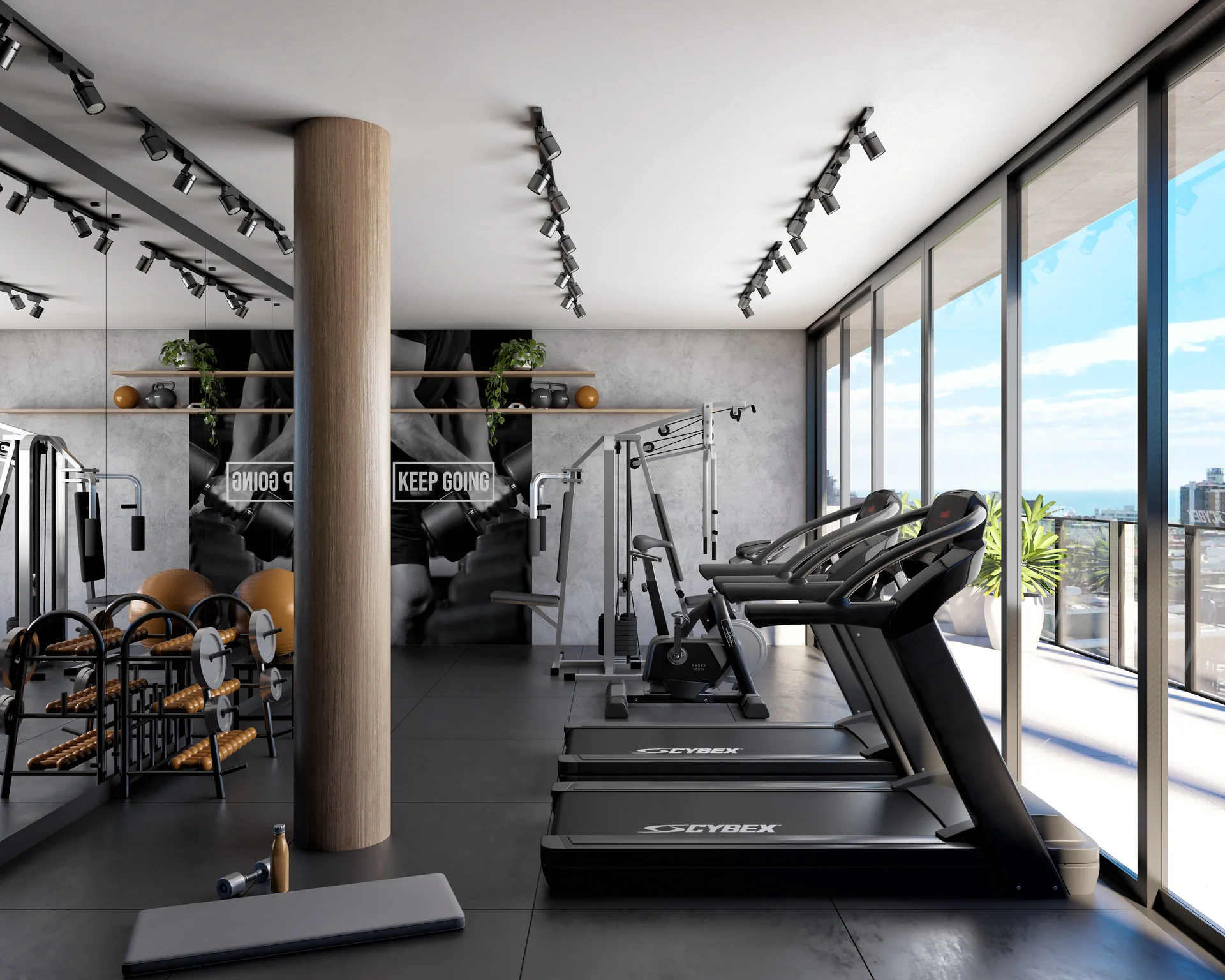 Espaço fitness do rooftop do VID Home & Club, com esteiras e vista para o mar