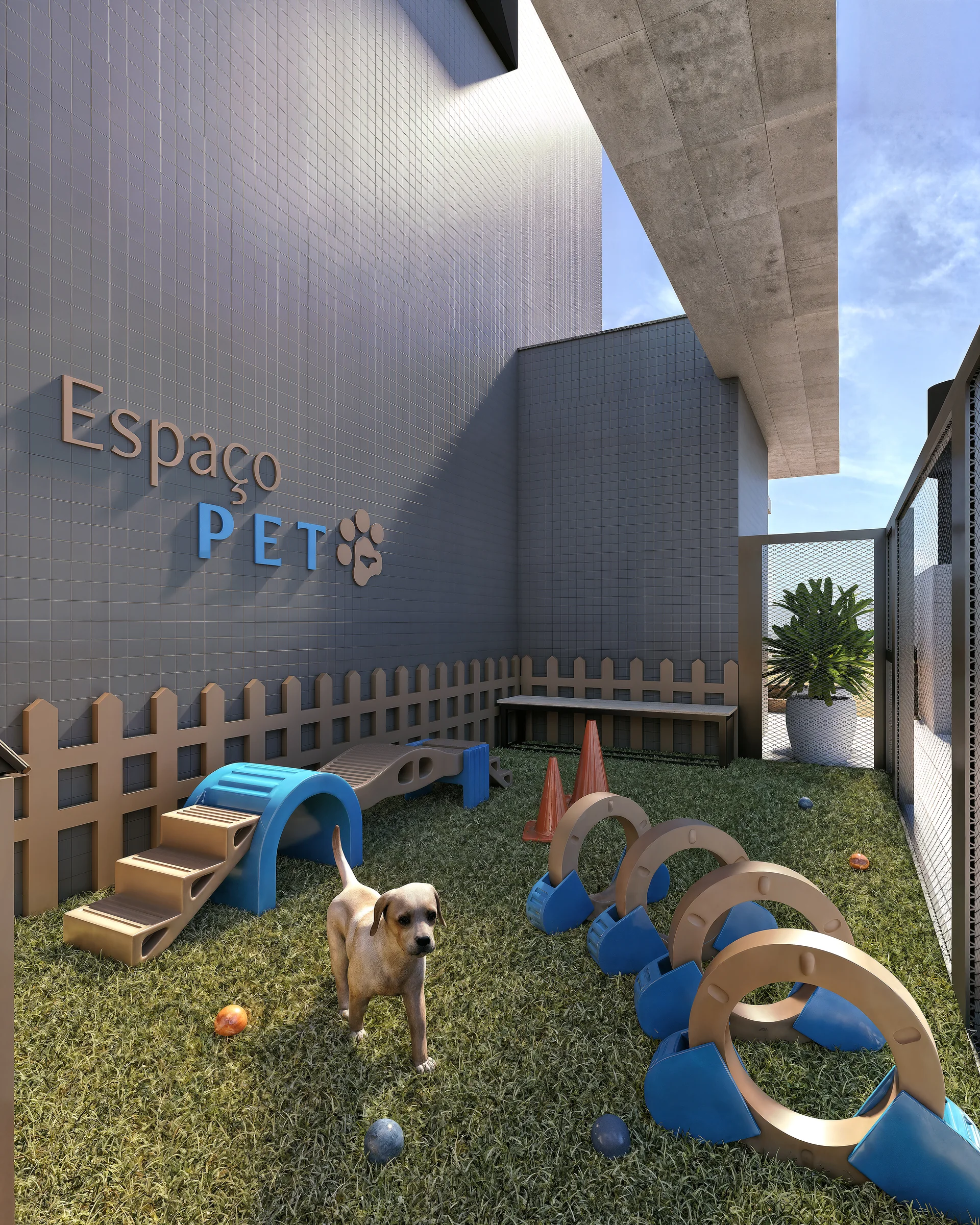 Espaço pet do rooftop do VID Home & Club, com obstáculos e grama sintética