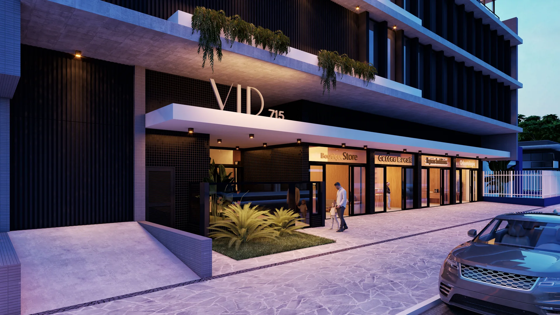 Render da fachada do VID Home & Club vista de perto, com o letreiro VID 715 iluminado sobre as lojas do térreo, na Av. Poti, Centro de Capão da Canoa