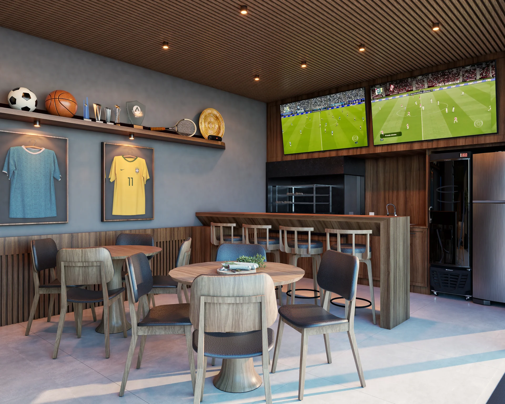Gourmet sport bar do rooftop do VID Home & Club, com telas e bancada