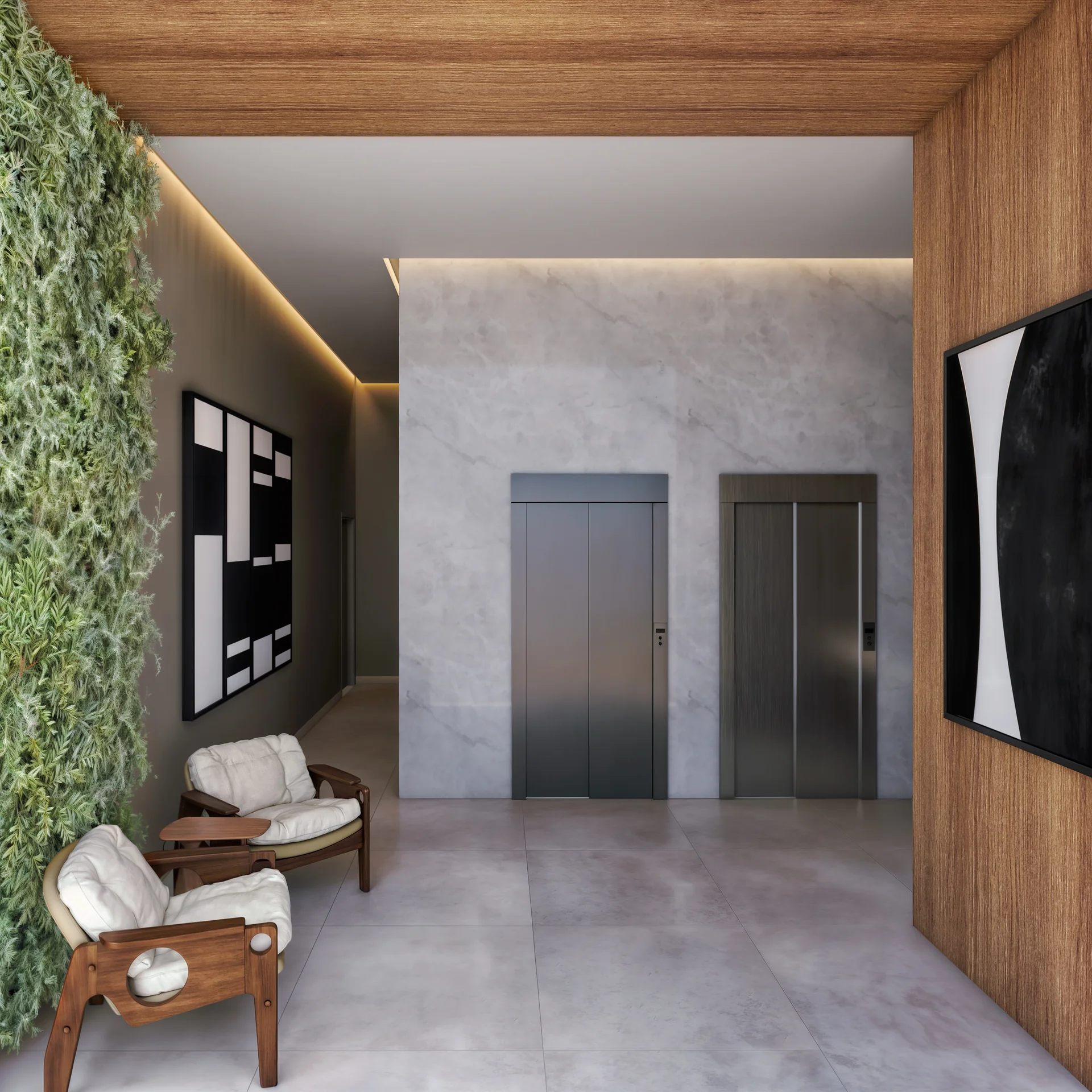Hall de entrada do VID Home & Club, com pé-direito alto e 2 elevadores