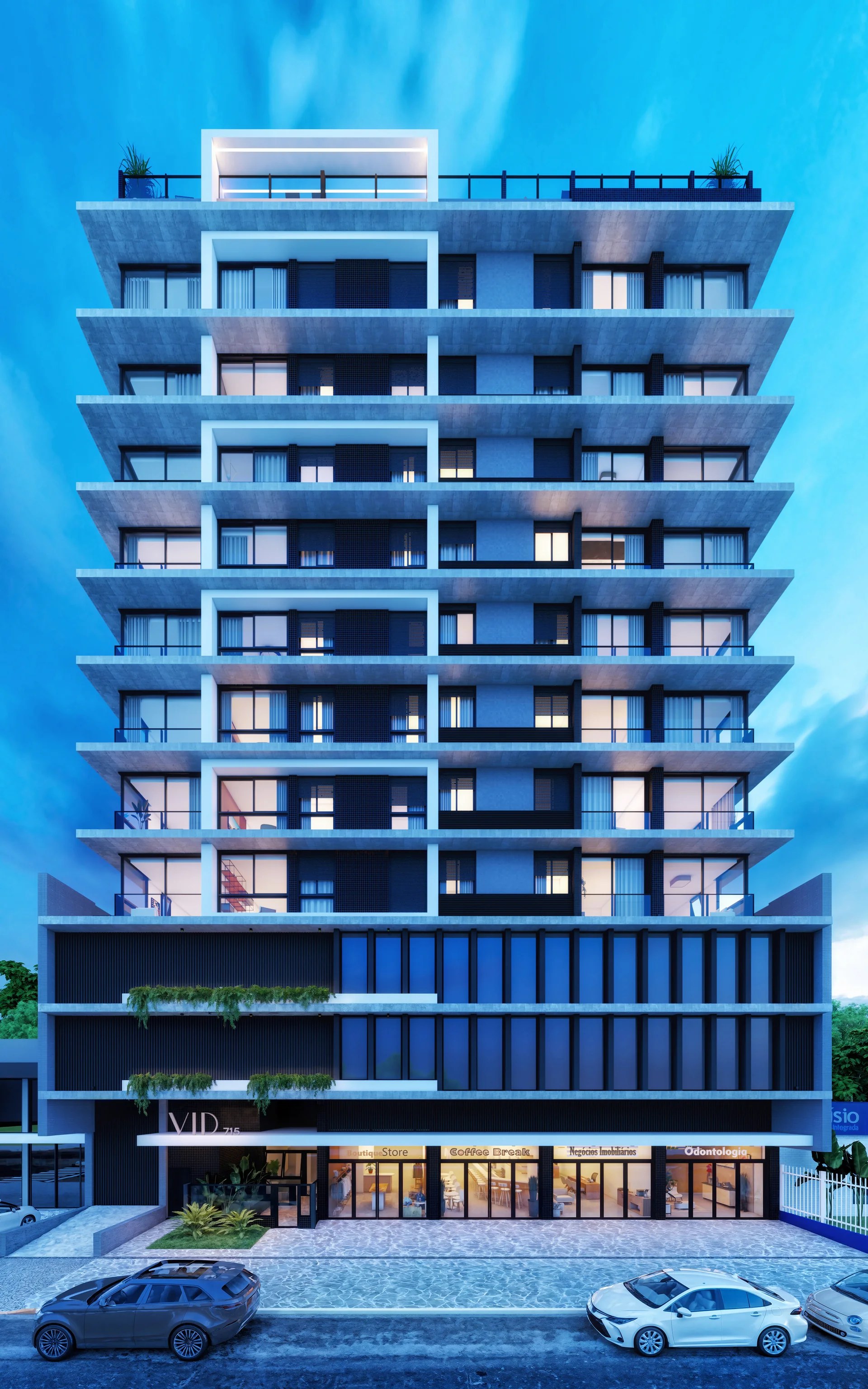 Render da fachada do VID Home & Club, torre da Nobilitá no Centro de Capão da Canoa