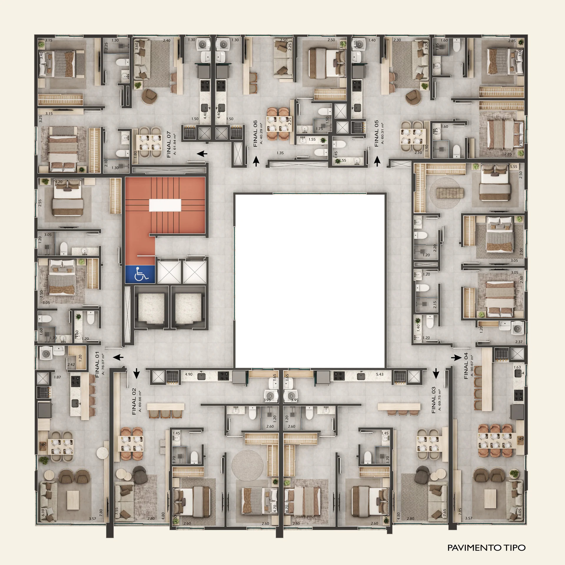 Planta humanizada ilustrativa do pavimento tipo do VID Home & Club (5º ao 11º andar), com as sete tipologias lado a lado, Final 01 a Final 07, e suas áreas privativas
