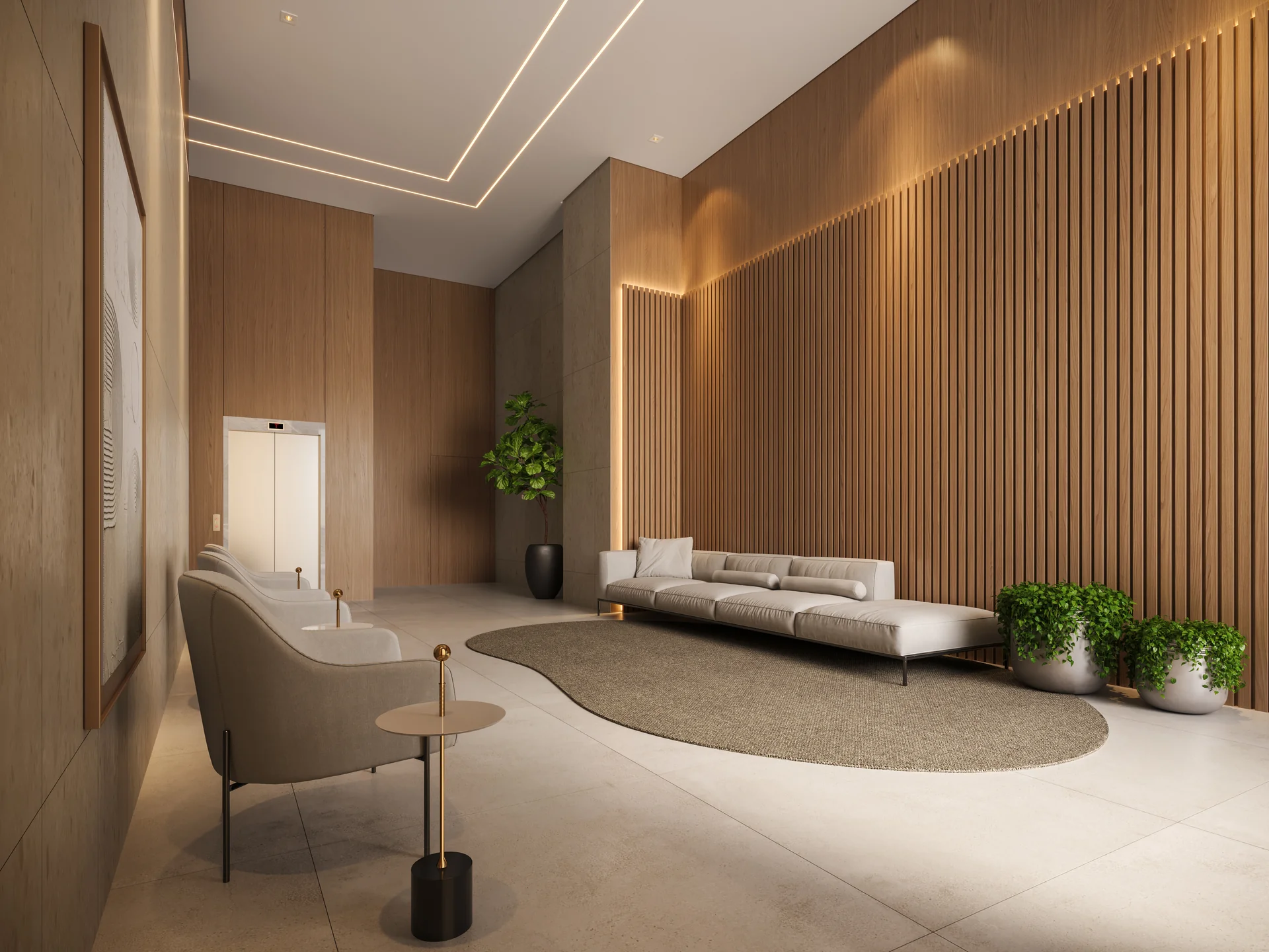 Hall social do Vivaz Residence, com ripado de madeira, sofá e área de espera junto aos elevadores