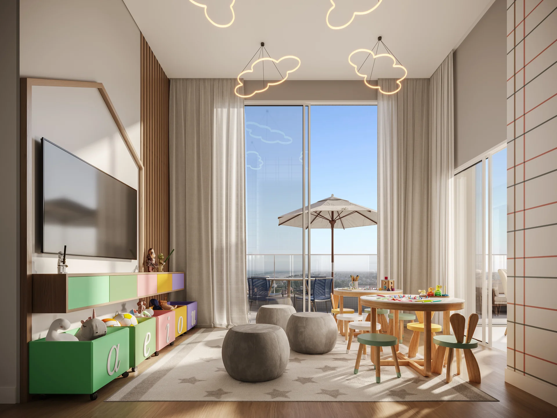 Espaço kids do Vivaz Residence, com luminárias em forma de nuvem e brinquedos