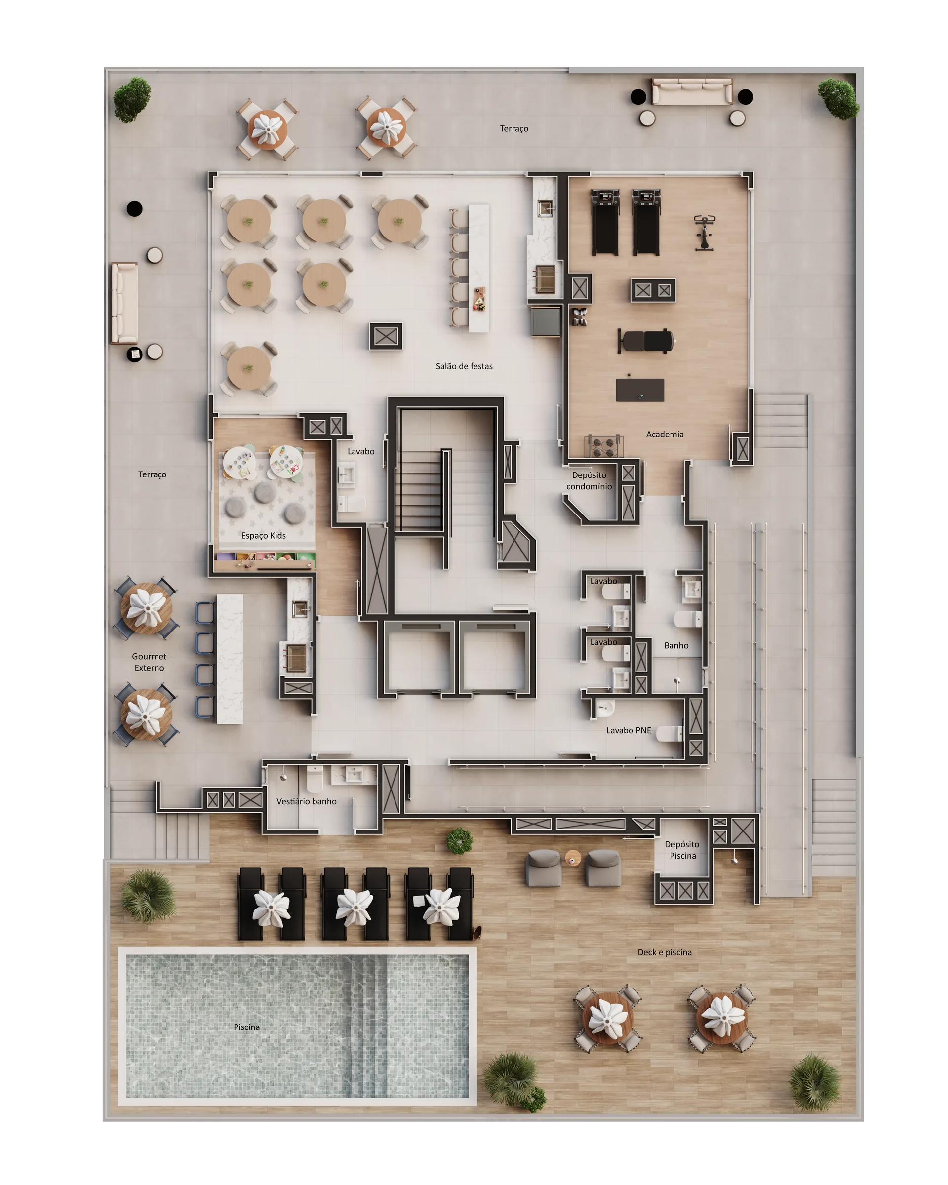 Planta do rooftop do Vivaz Residence, com piscina, deck, gourmet externo, espaço kids, salão de festas e academia