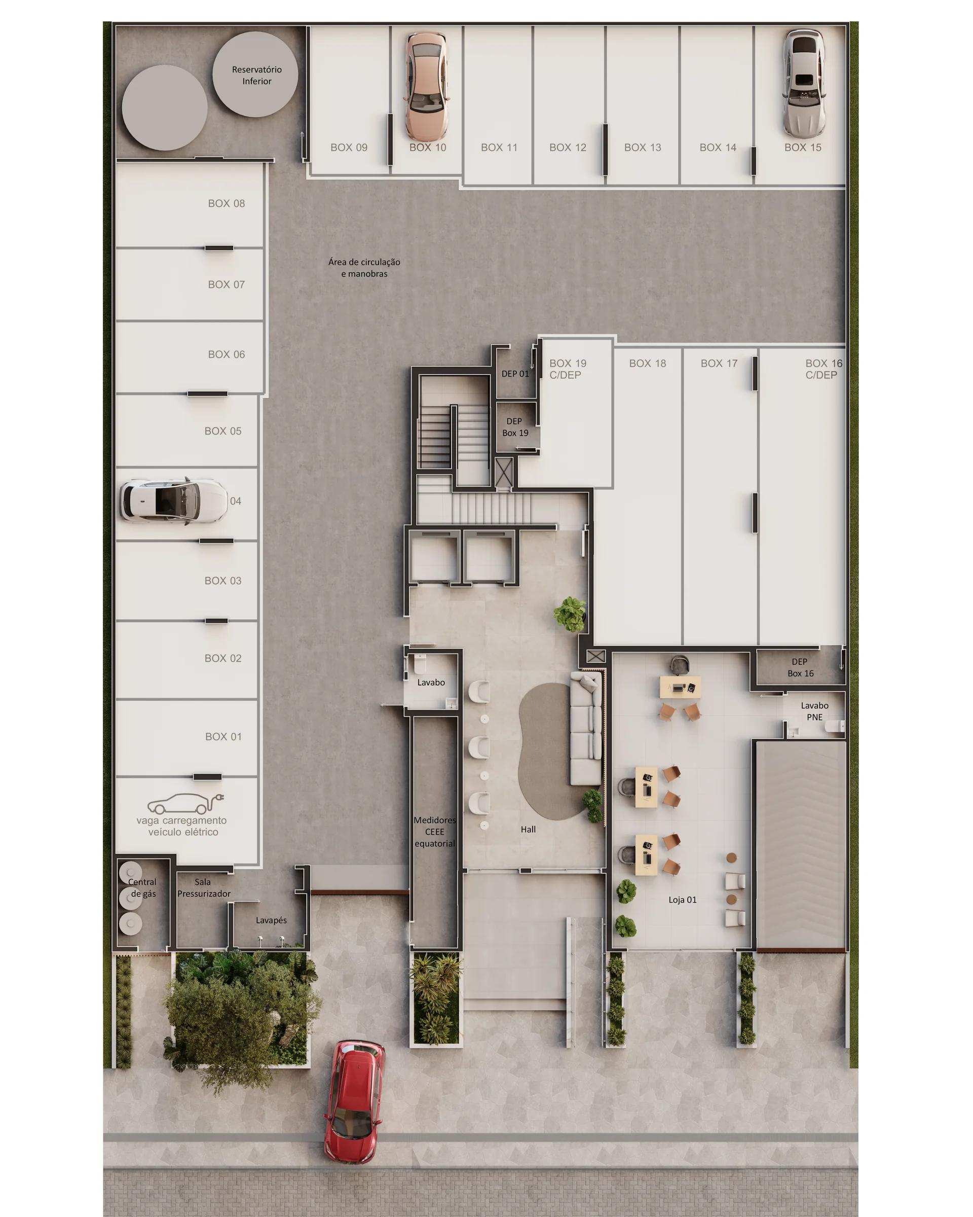 Planta do térreo do Vivaz Residence, com o acesso pela Rua Guaraci, loja, hall social, garagem e lava-pés
