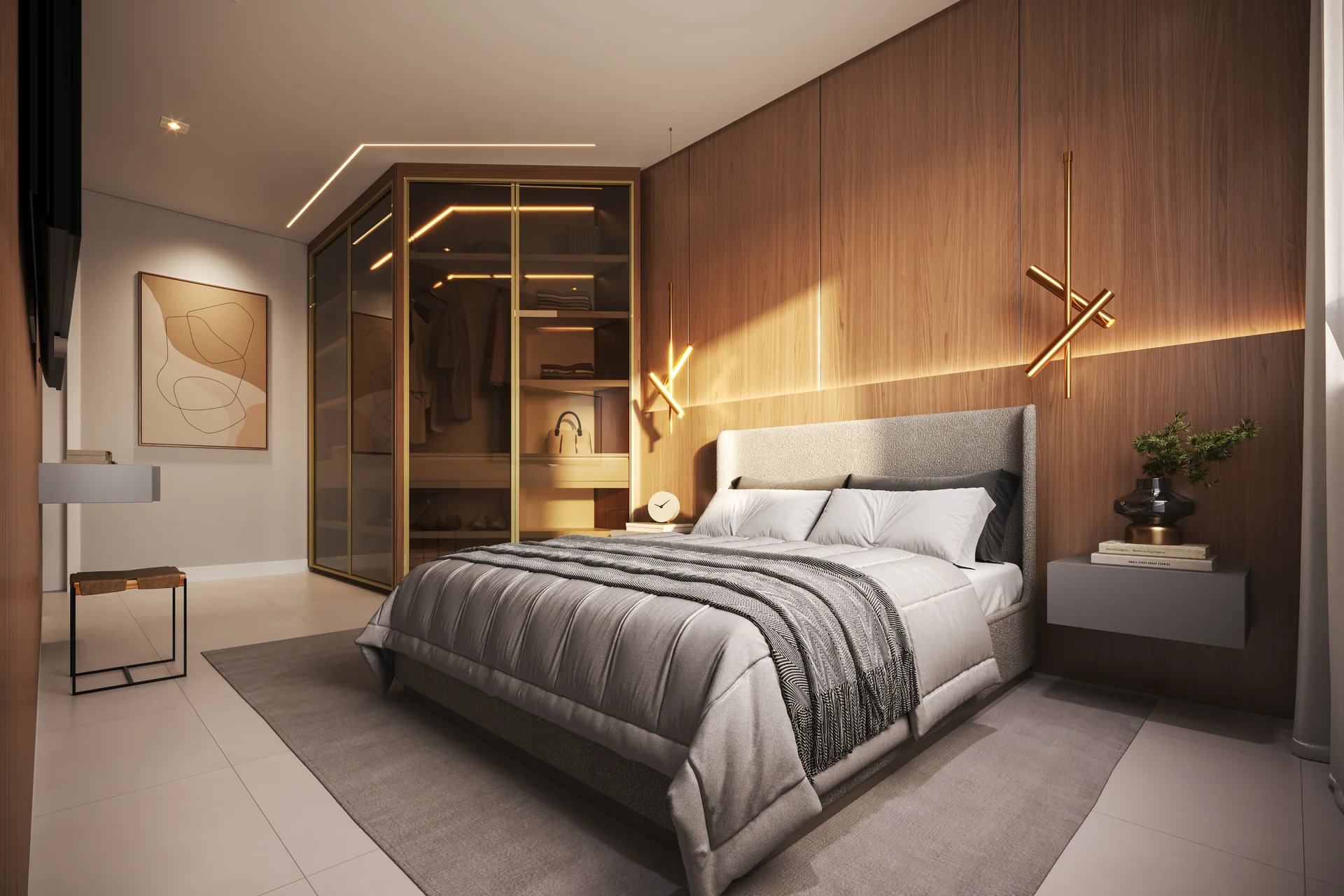 Suíte da unidade 1001 do Vivaz Residence, com cama de casal, closet iluminado e persiana automatizada no dormitório