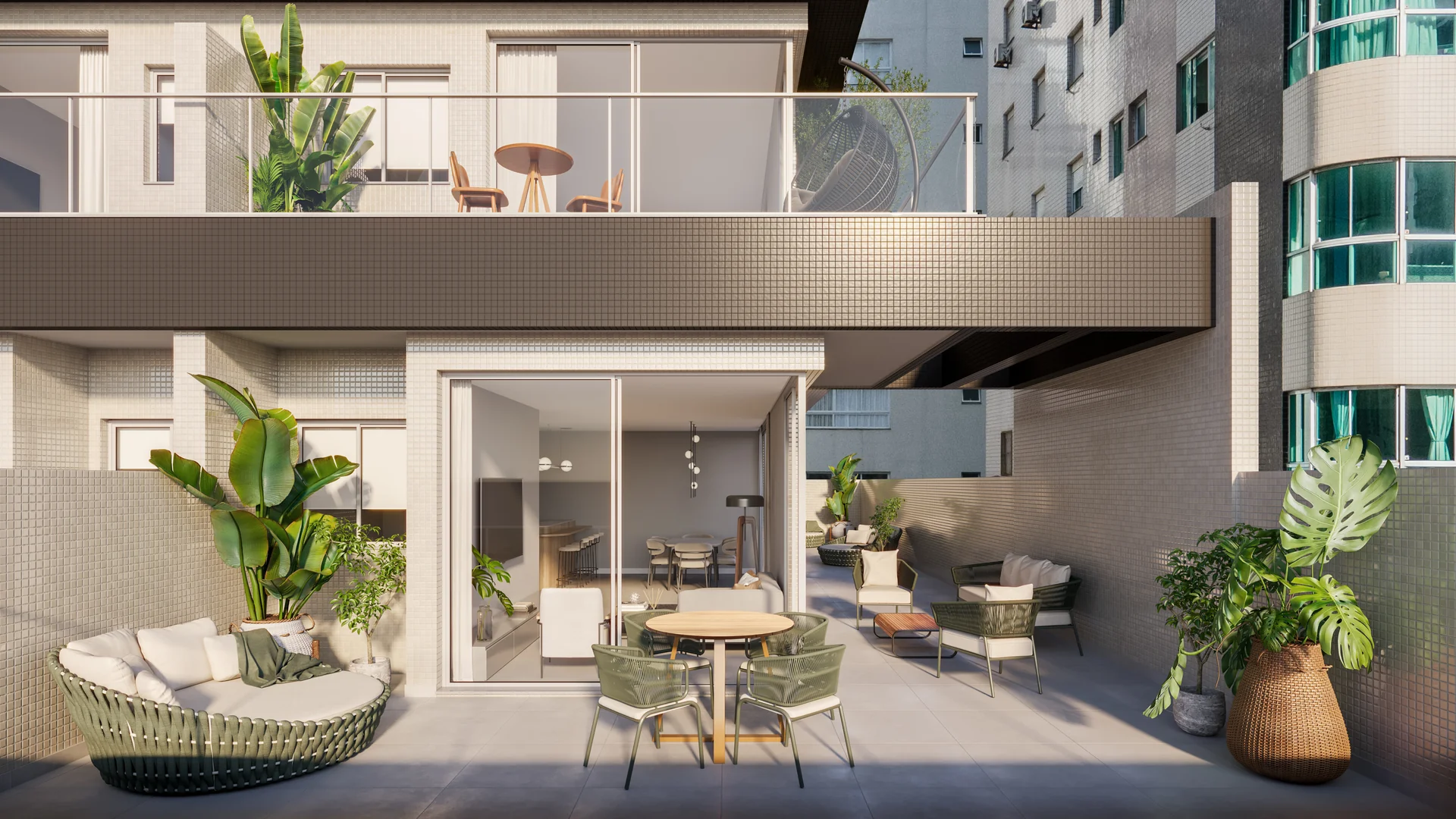 Terraço do apartamento 401 do Vivaz Residence, com jardim, daybed e área de estar ao ar livre, unidade do 4º pavimento em Capão da Canoa