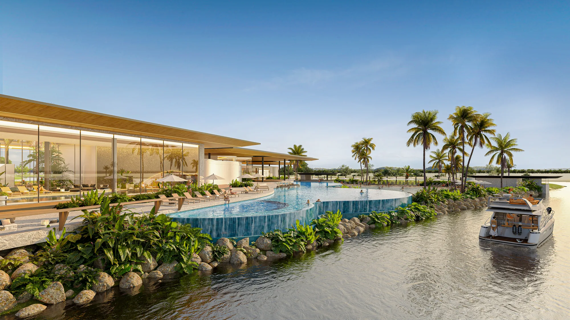 Piscina de borda infinita do Vivendas Club com vista para o canal navegável do Vivendas da Marina em Osório
