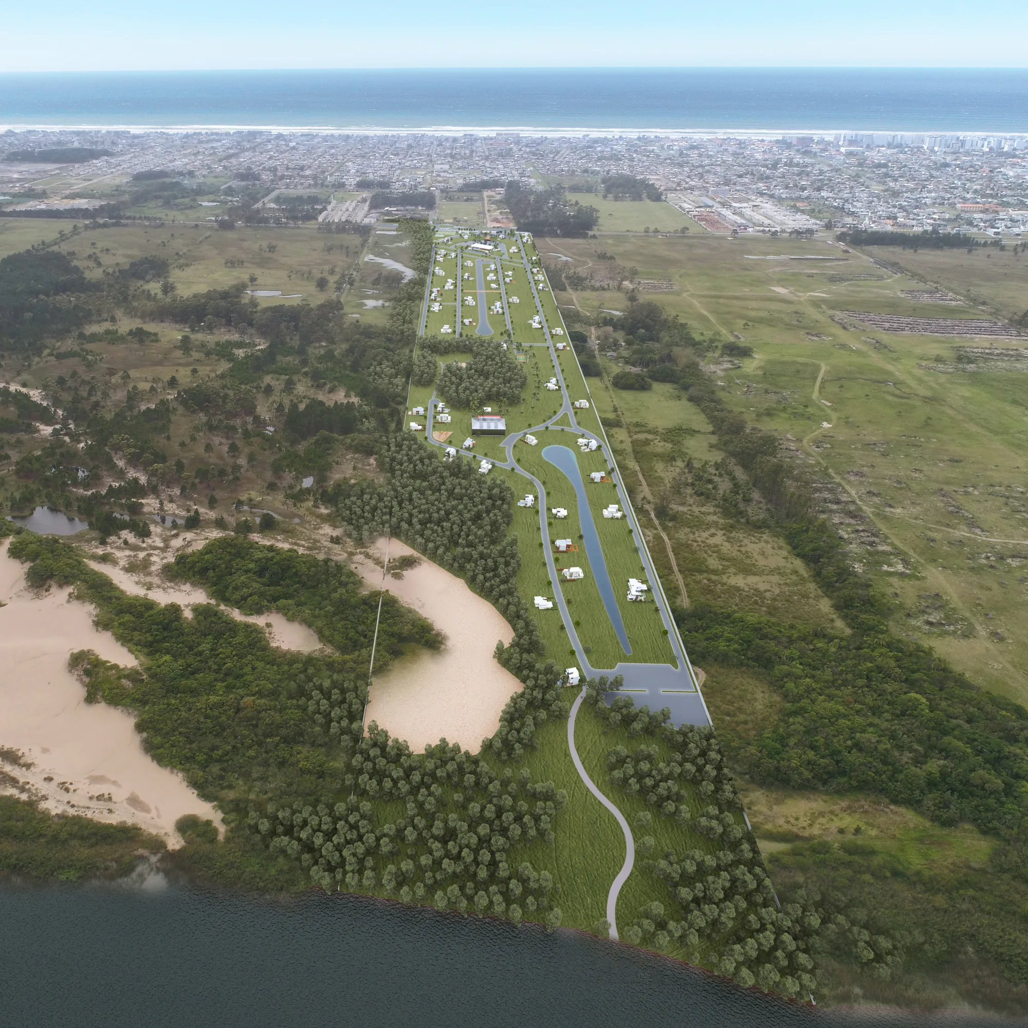Vista aérea de condomínio fechado entre a lagoa e o mar na Estrada do Mar, no litoral norte gaúcho