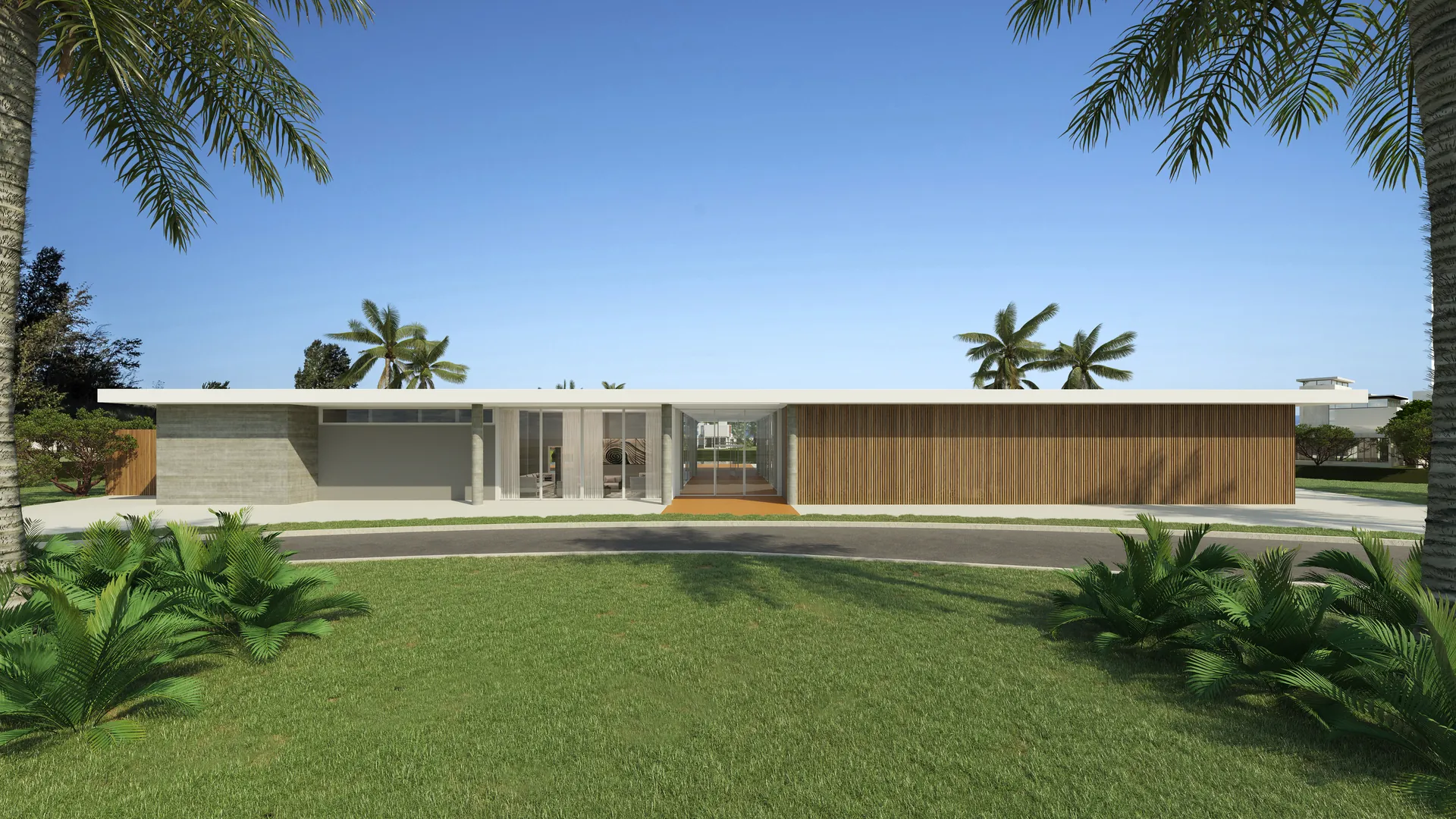 Fachada e acesso do clube do VIZ Home Lake em madeira e concreto