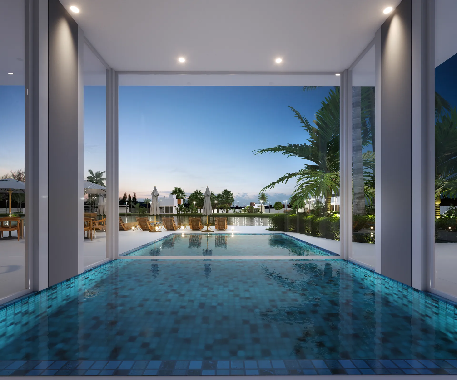 Piscina coberta de borda aberta para o lago ao entardecer, com espreguiçadeiras ao fundo, VIZ Home Lake em Capão da Canoa