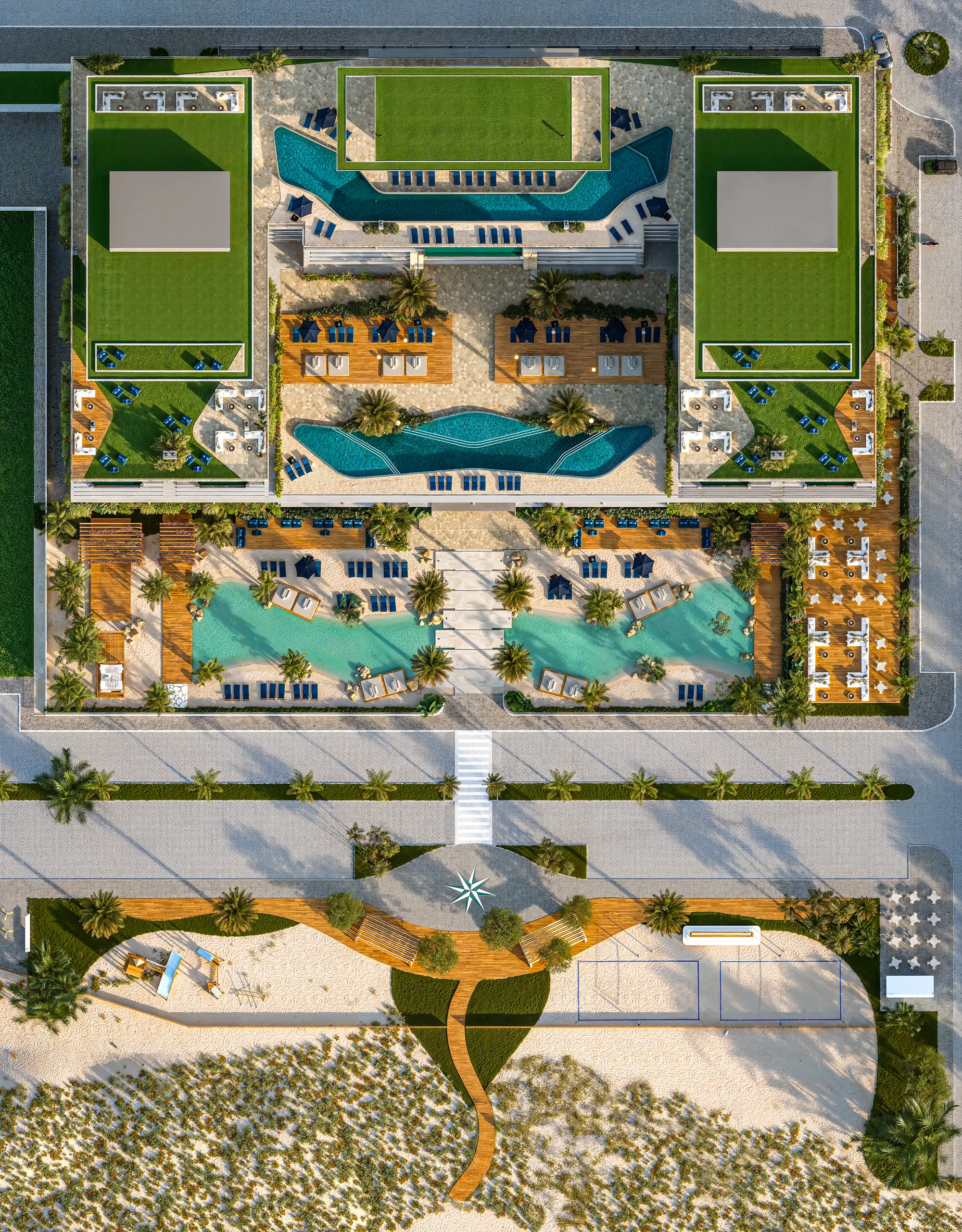 Implantação do Xangri-Lá Ilhas Resort mostrando piscinas, praia artificial e acesso ao mar