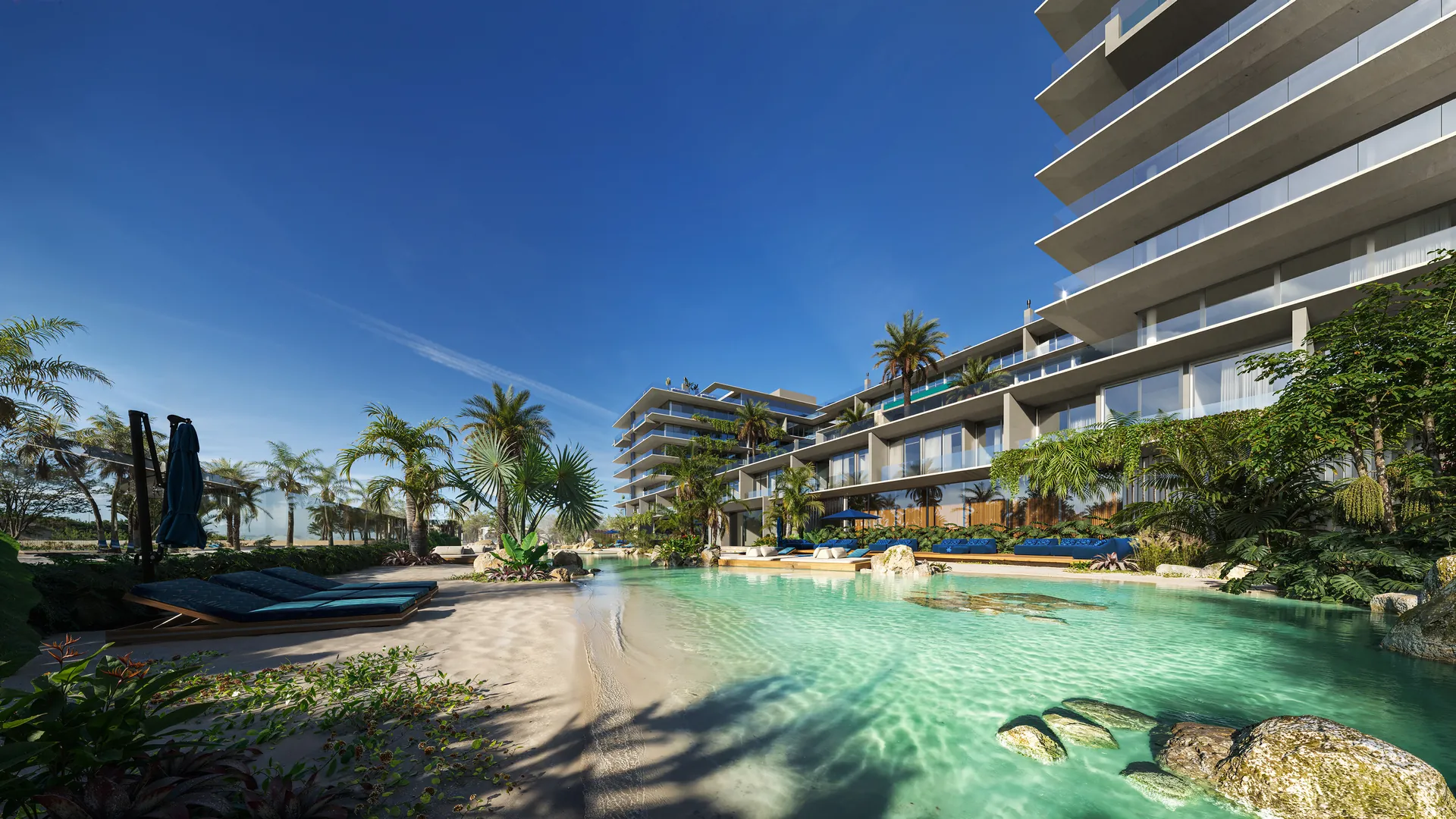 Praia artificial exclusiva com lâmina d'água e fundo de areia no Xangri-Lá Ilhas Resort