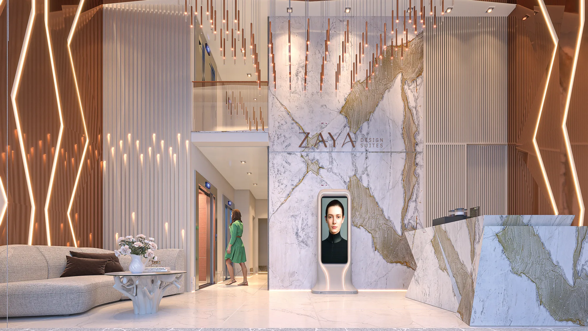 Lobby de alta hotelaria do ZAYA com recepção em mármore e iluminação autoral
