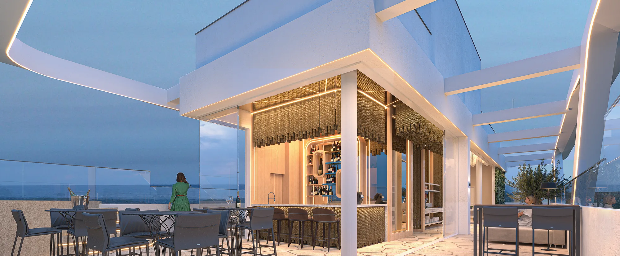 Lounge bar do rooftop do ZAYA Design Suites com vista para Atlântida
